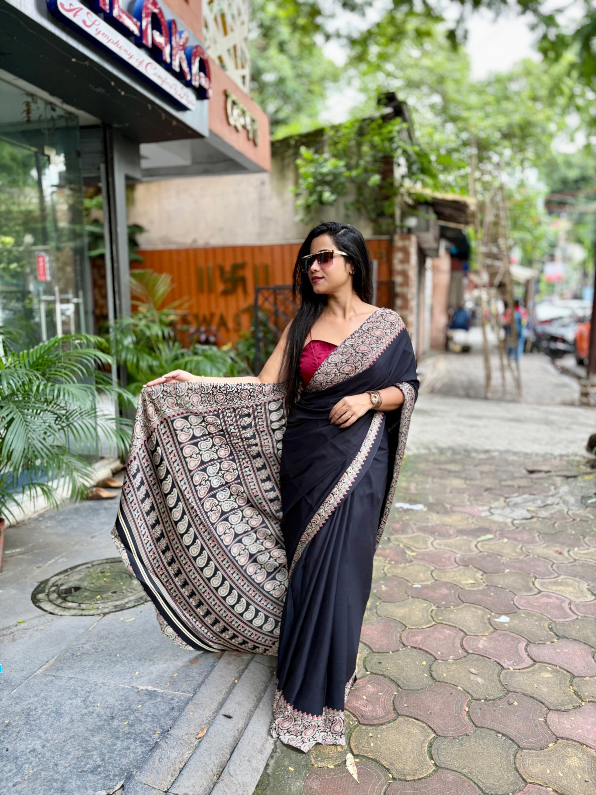 Ajrakh kolka saree