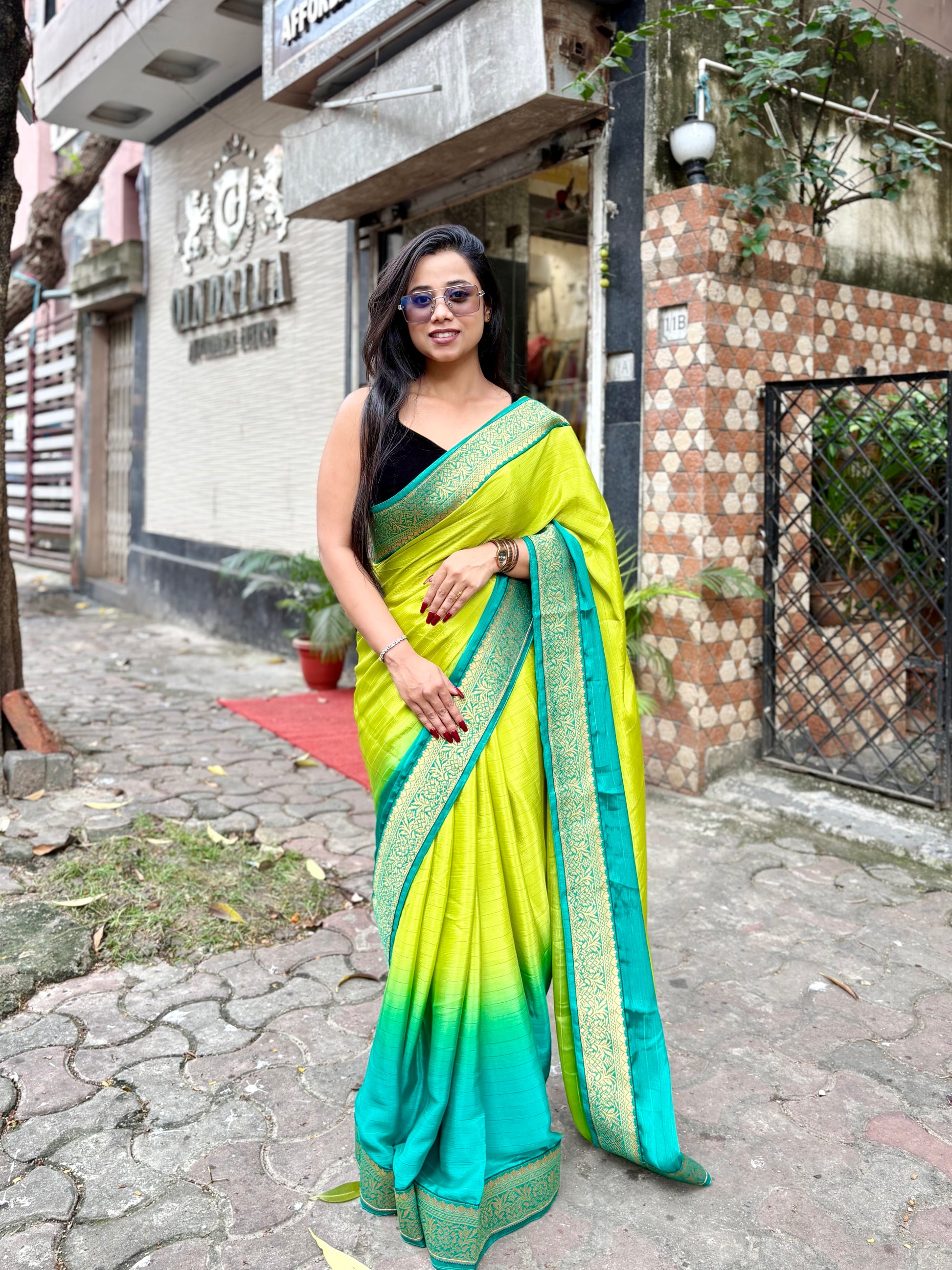 Green Satin Georgette ombré saree