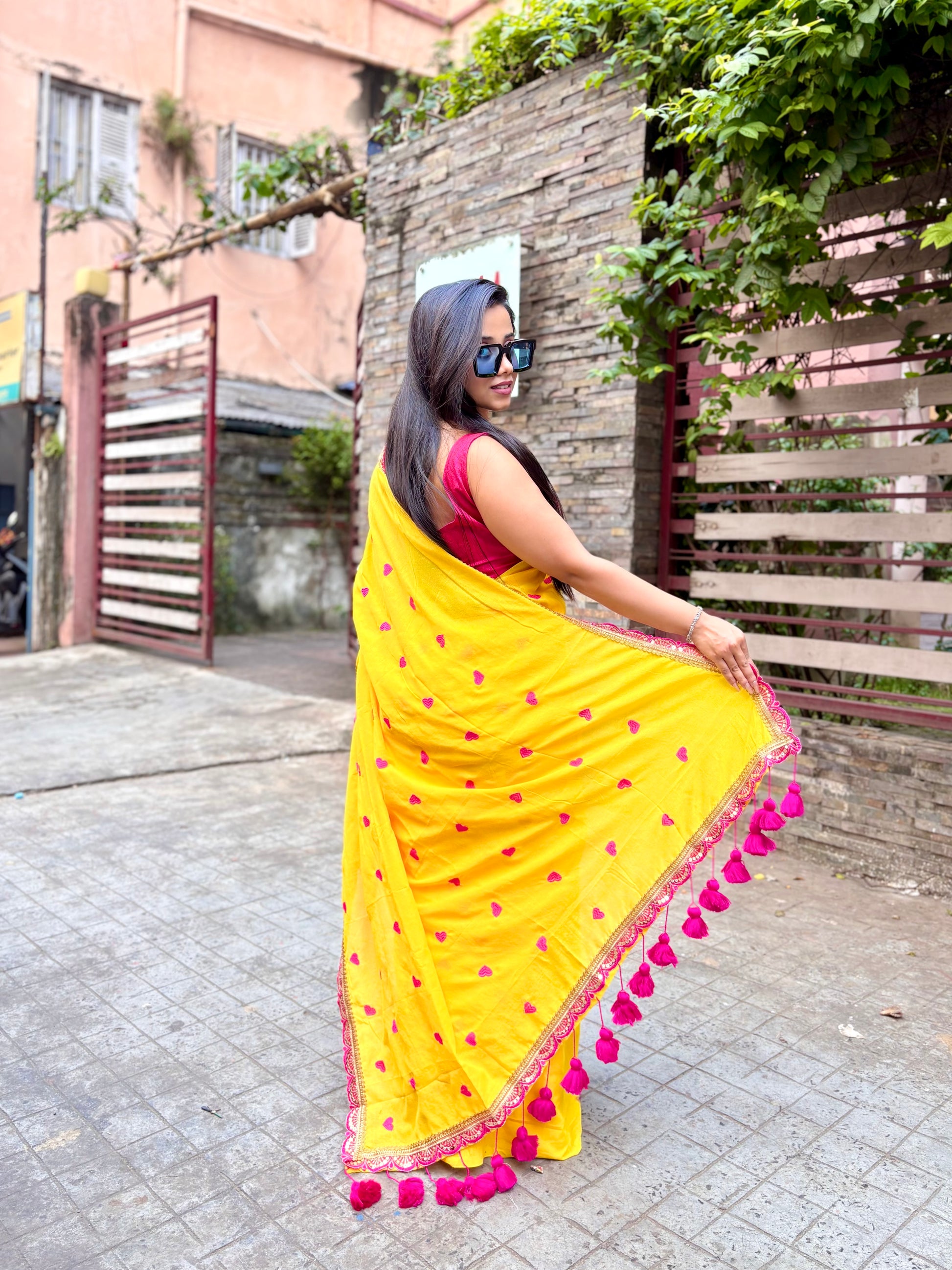 Heart Cotton Yellow Saree with Scallop Zari Border