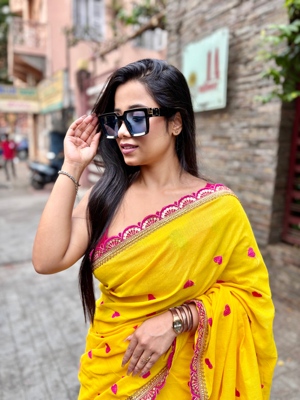 Heart Cotton Yellow Saree with Scallop Zari Border