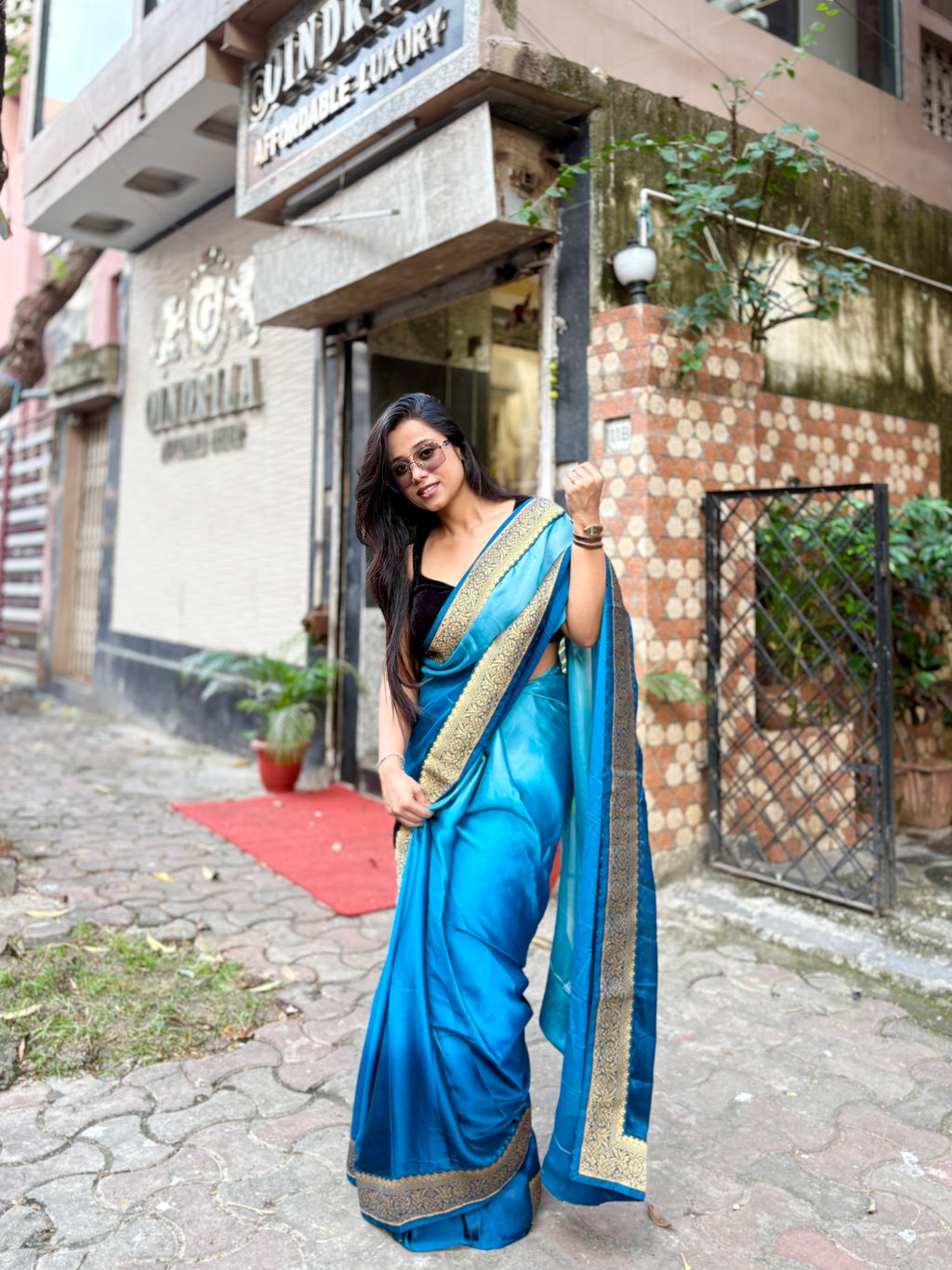 Blue Satin Georgette ombré saree