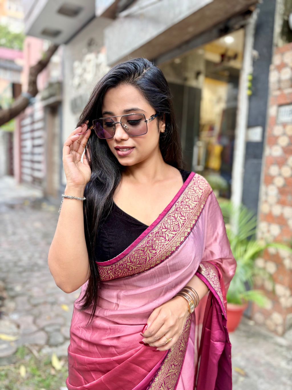 Pink Satin Georgette ombré saree