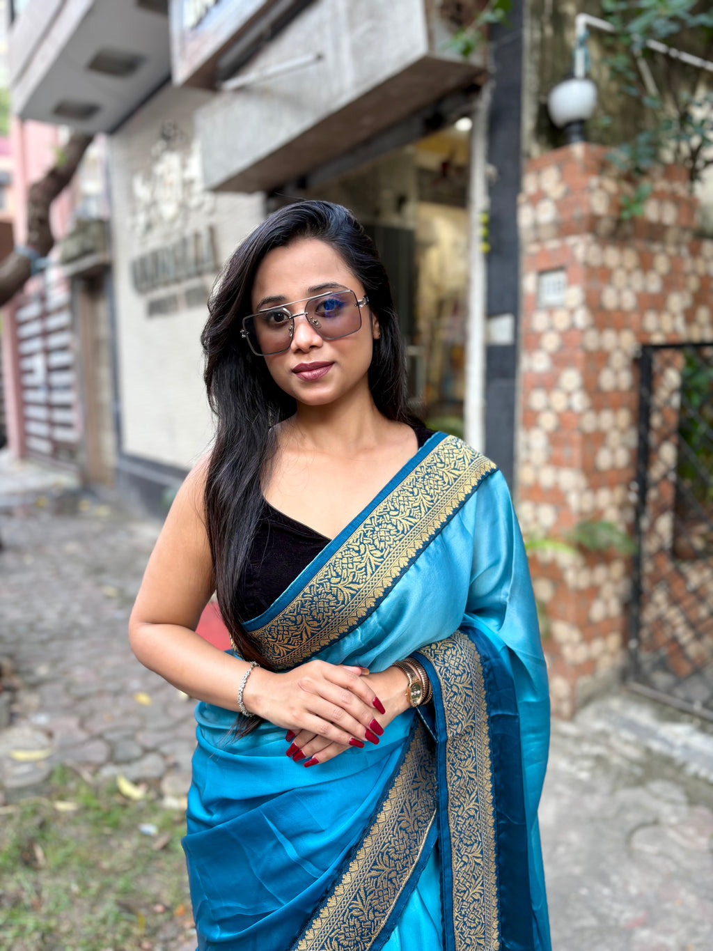 Blue Satin Georgette ombré saree