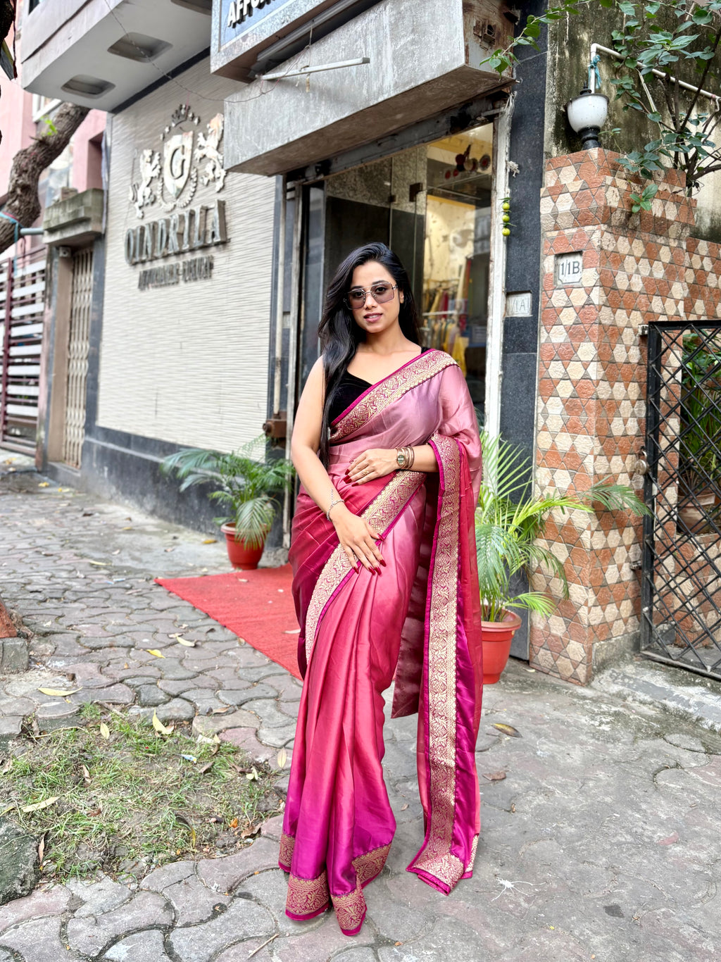 Pink Satin Georgette ombré saree