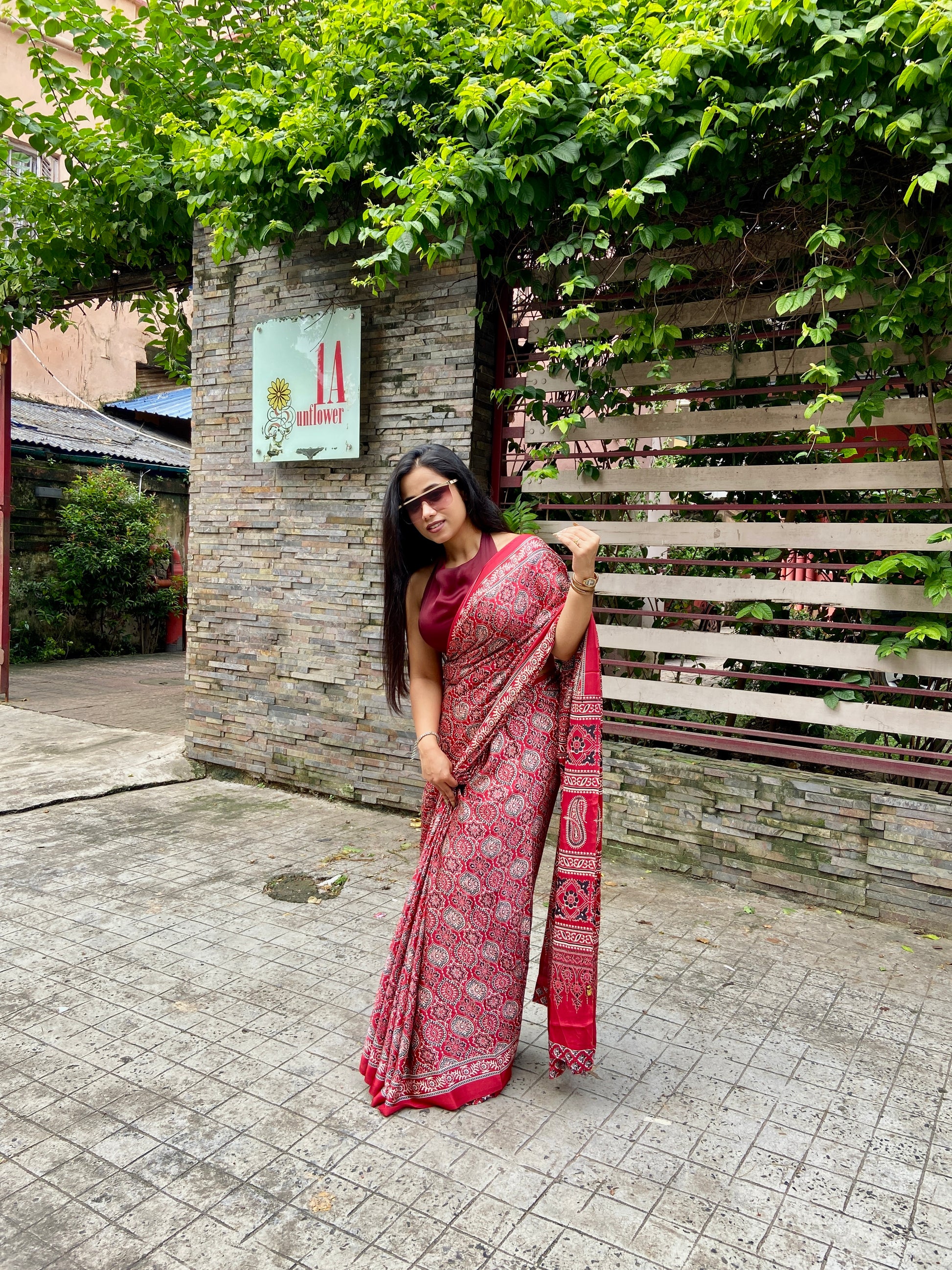 Maroon ajrakh saree