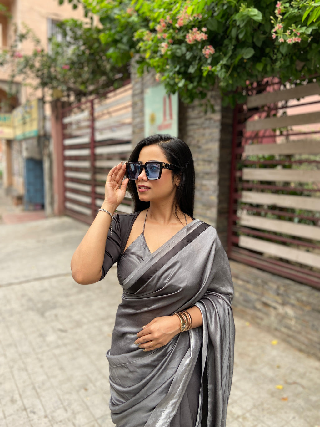 Exclusive bi-color saree with designer madhubala blouse