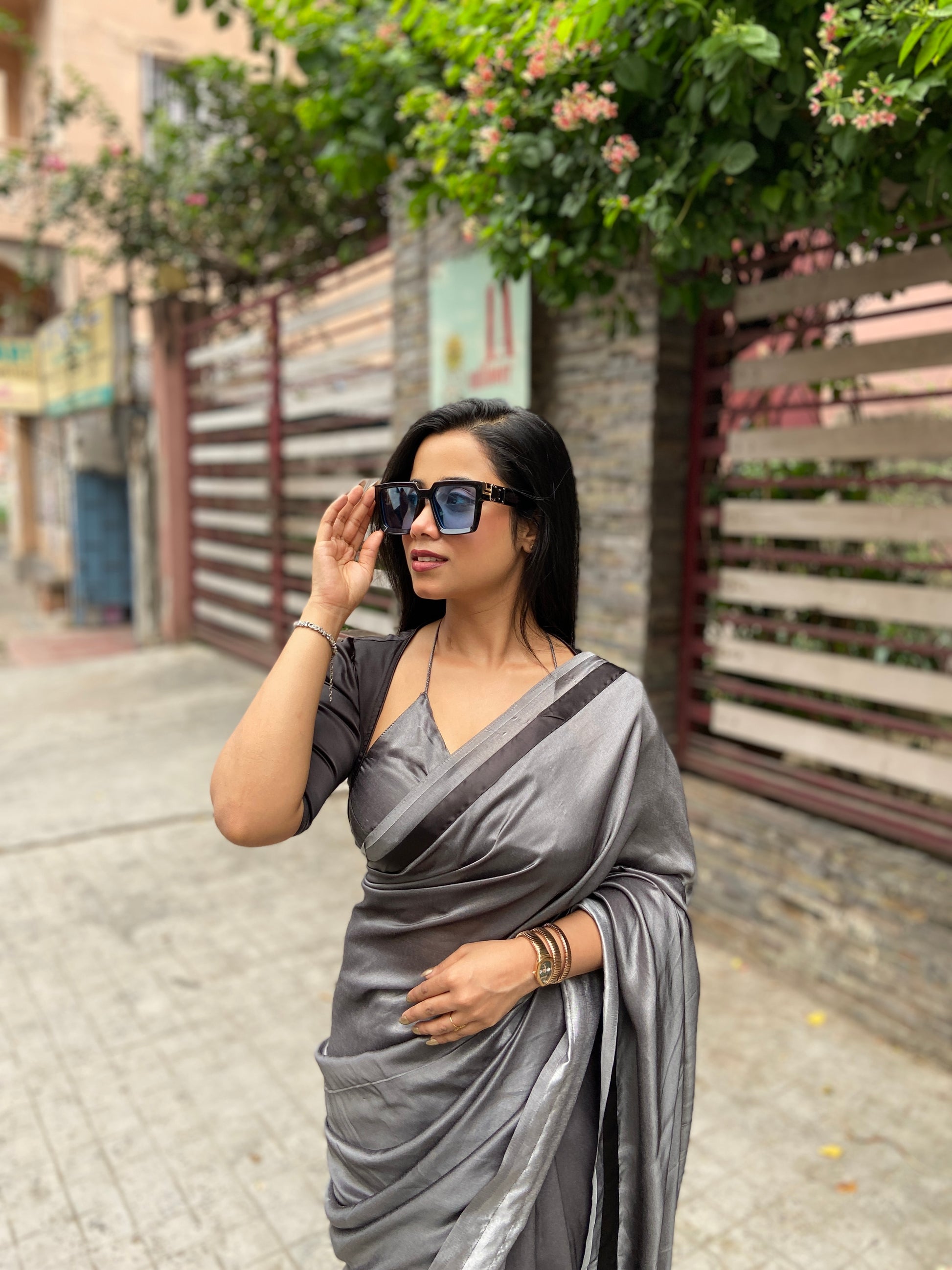 Exclusive bi-color saree with designer madhubala blouse