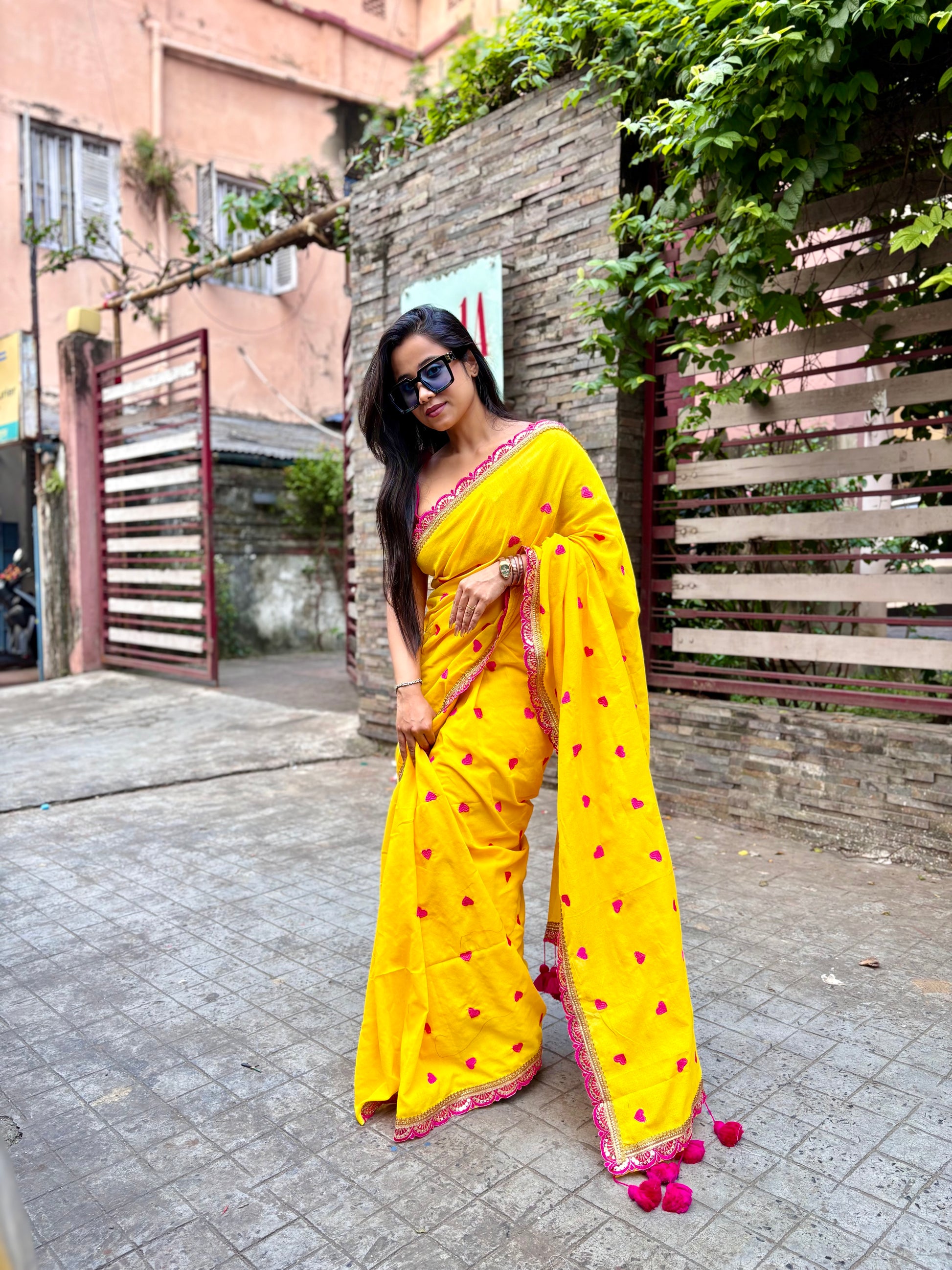 Heart Cotton Yellow Saree with Scallop Zari Border