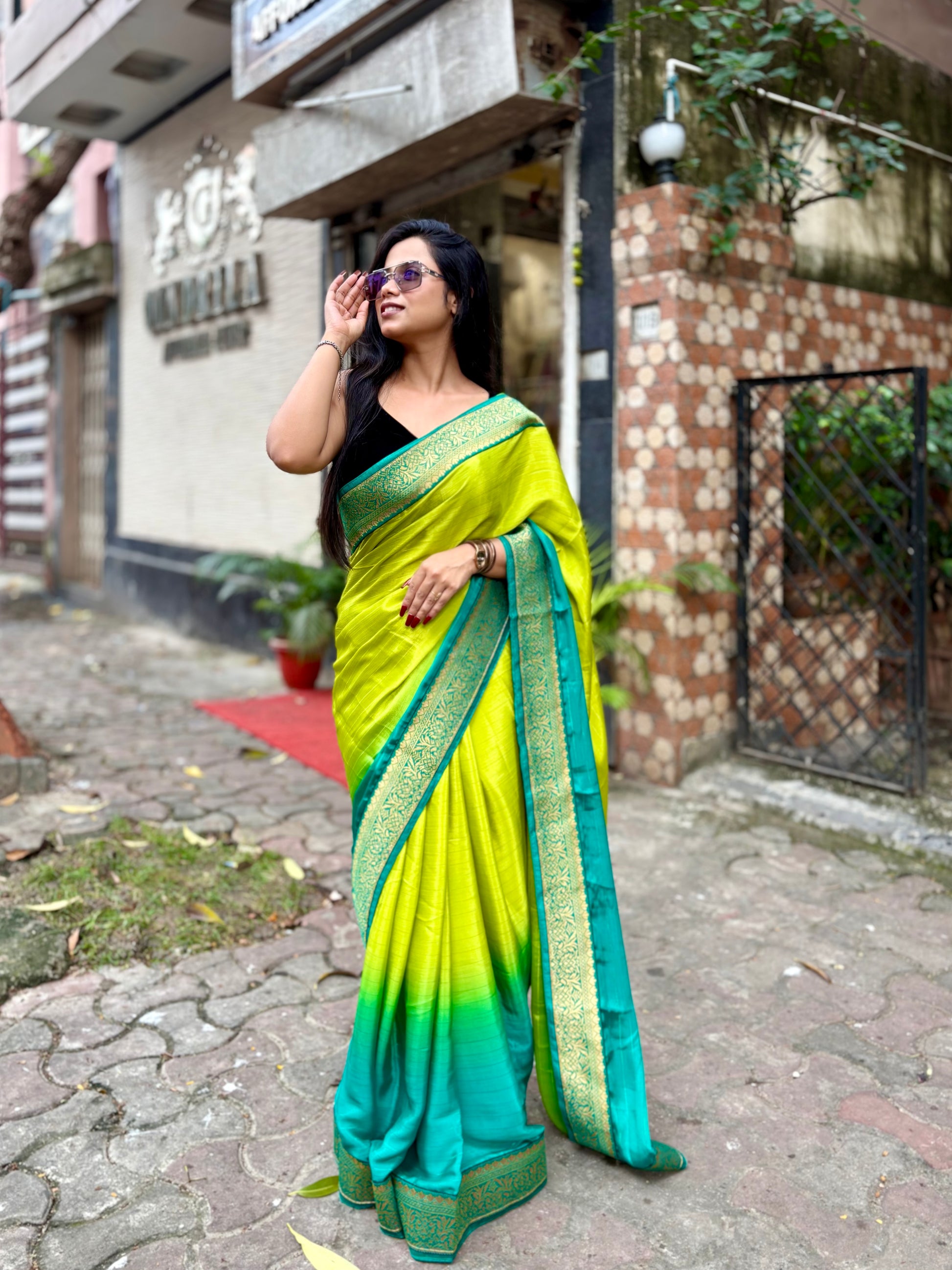 Green Satin Georgette ombré saree
