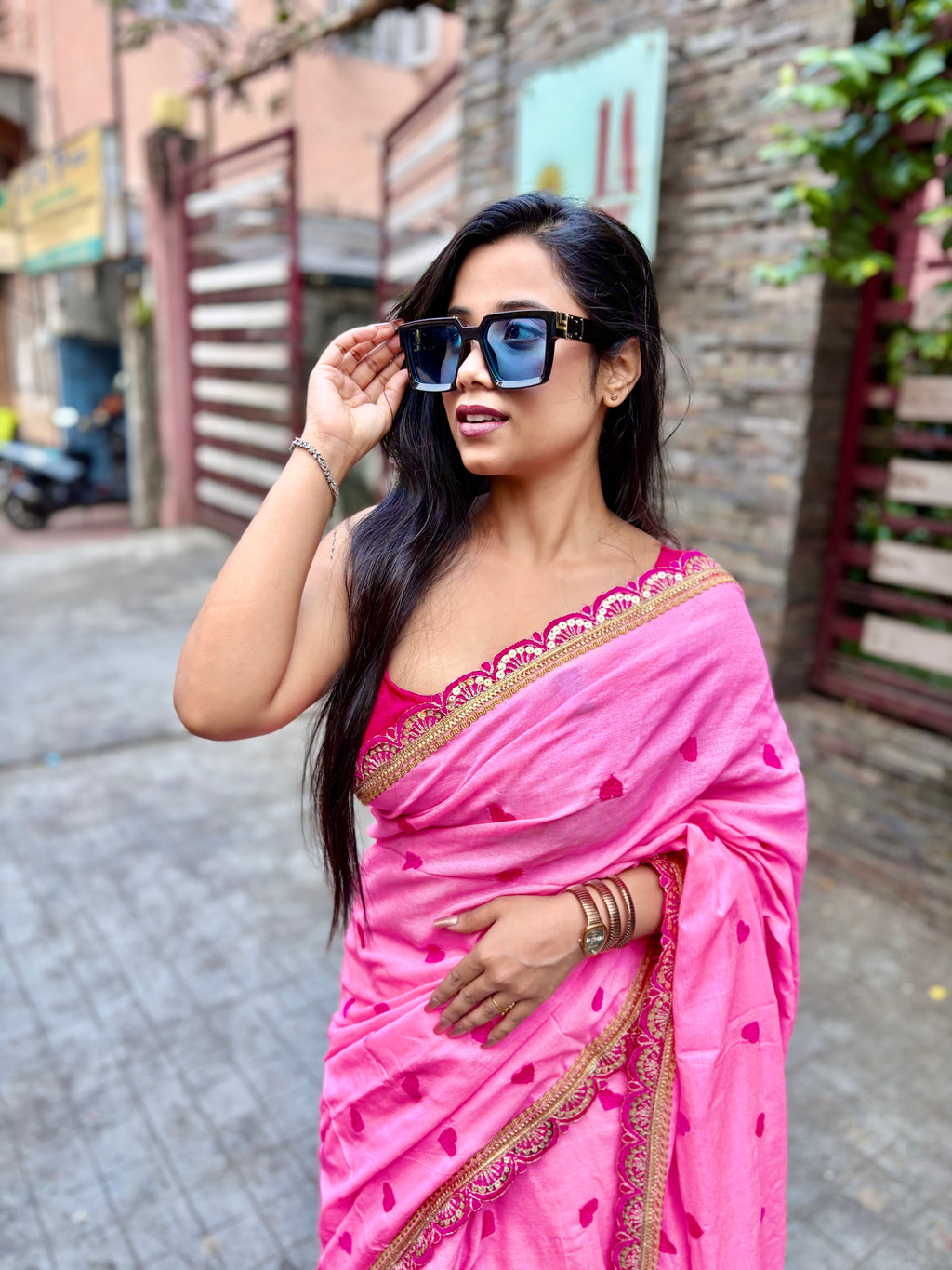 Heart Cotton Pink Saree with Scallop Zari Border