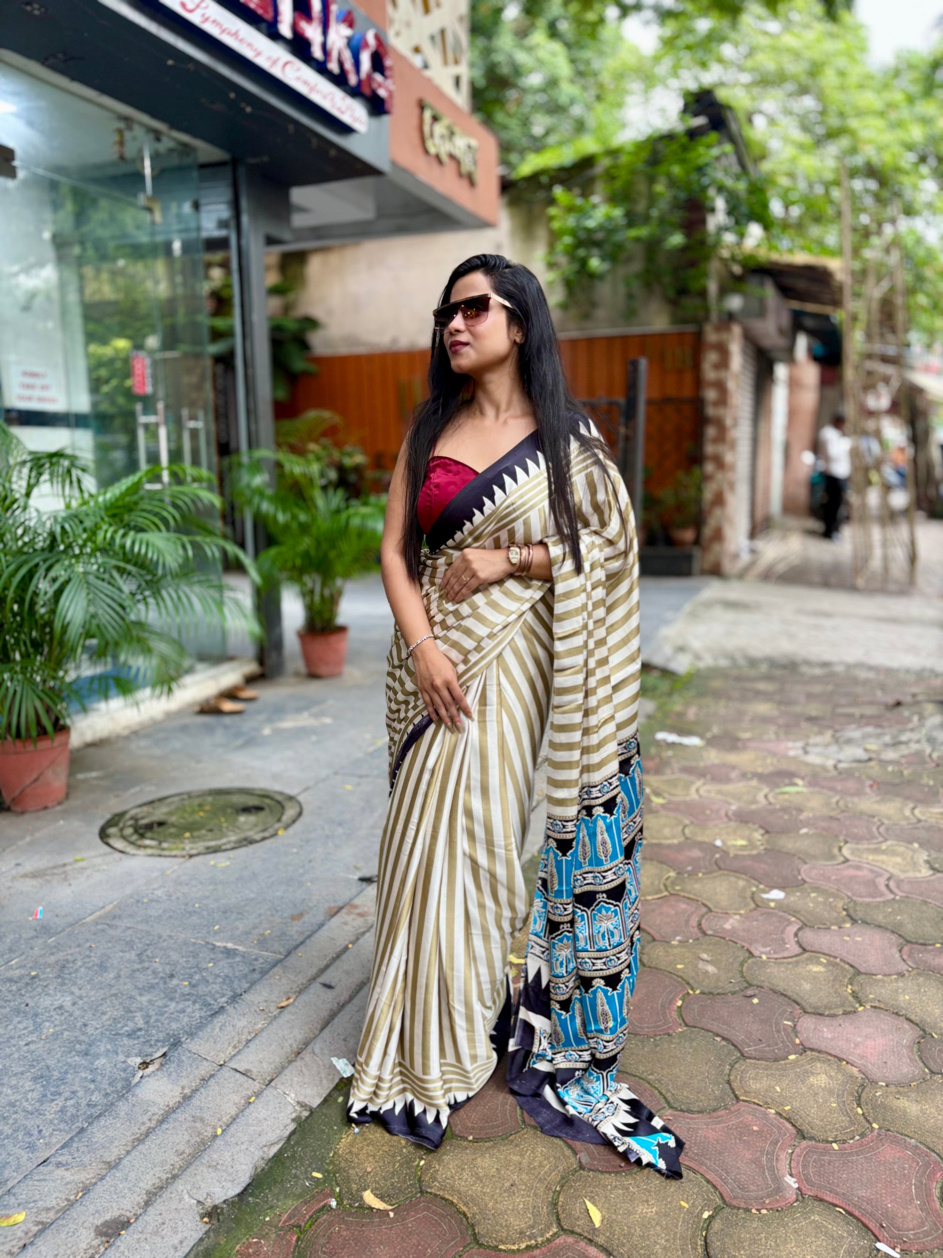 Ajrakh temple blue pallu saree