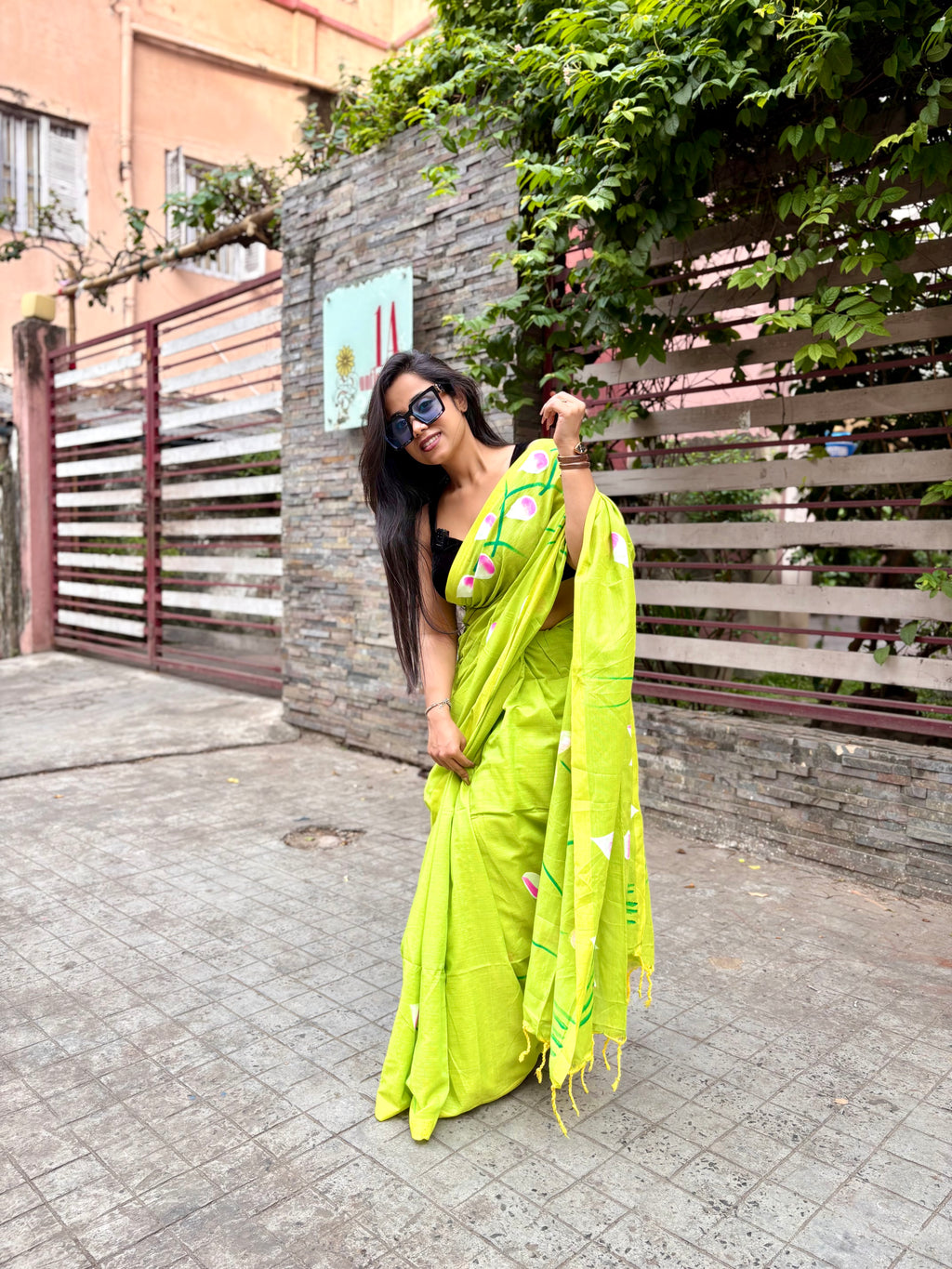 Hand painted lotus green saree