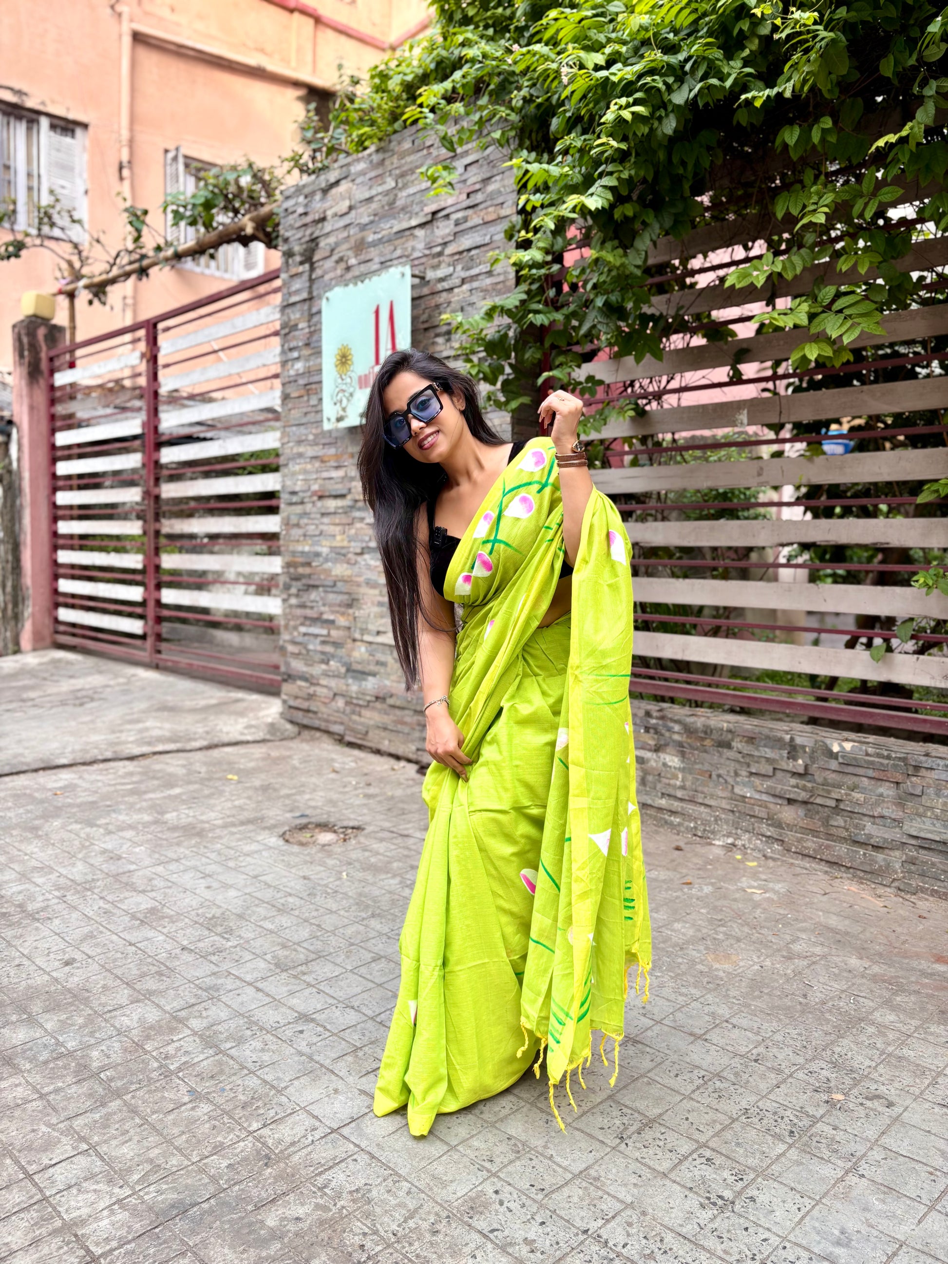 Hand painted lotus green saree