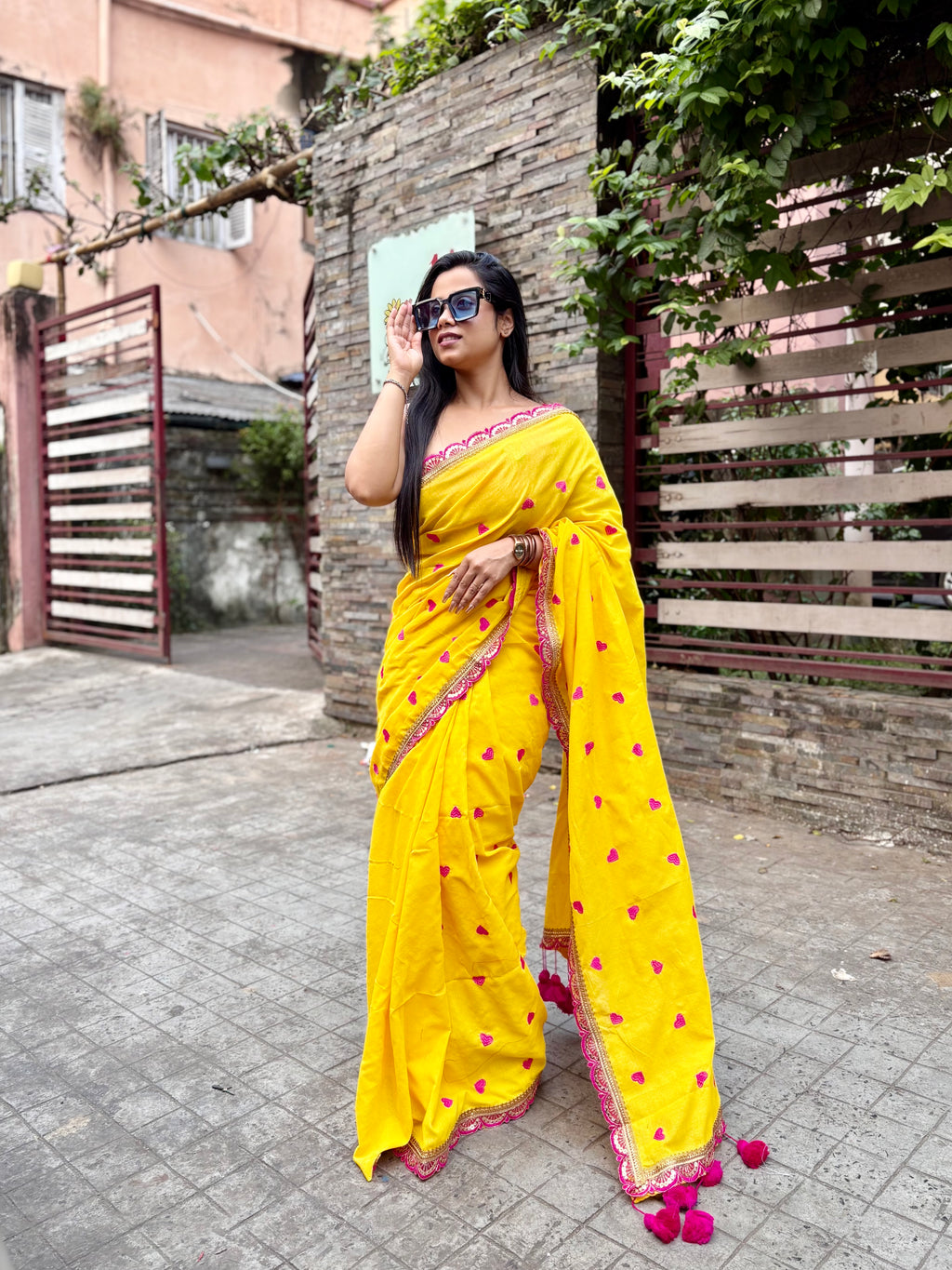 Heart Cotton Yellow Saree with Scallop Zari Border