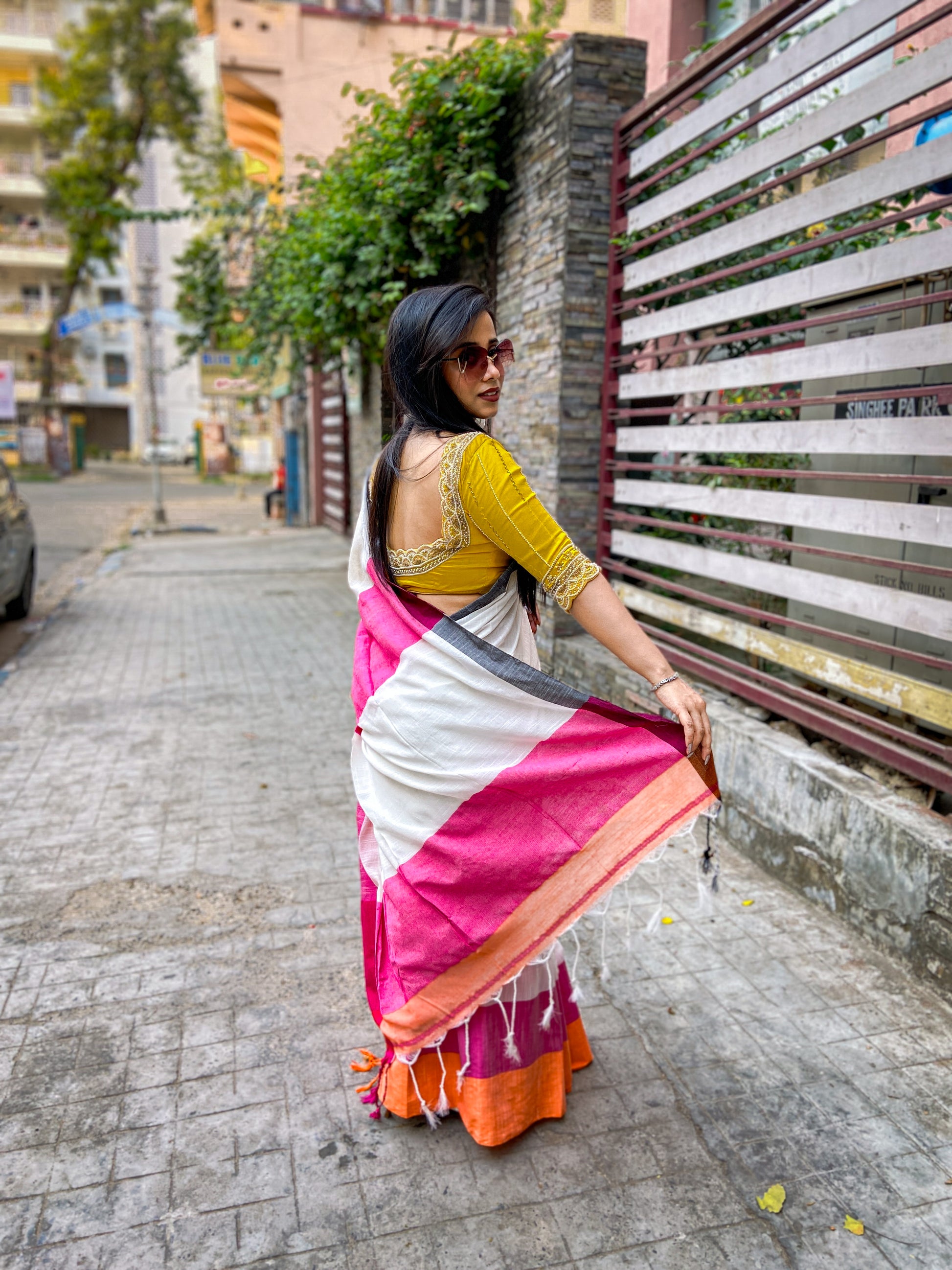 Tricolor Cotton Blend Sarees