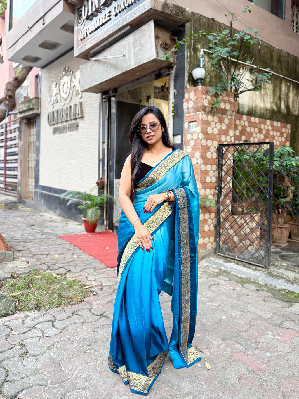 Blue Satin Georgette ombré saree