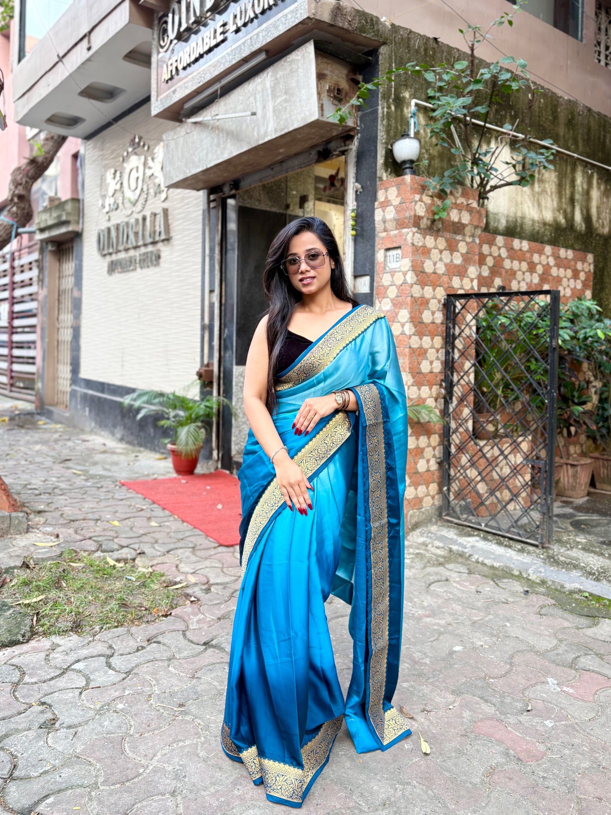 Blue Satin Georgette ombré saree
