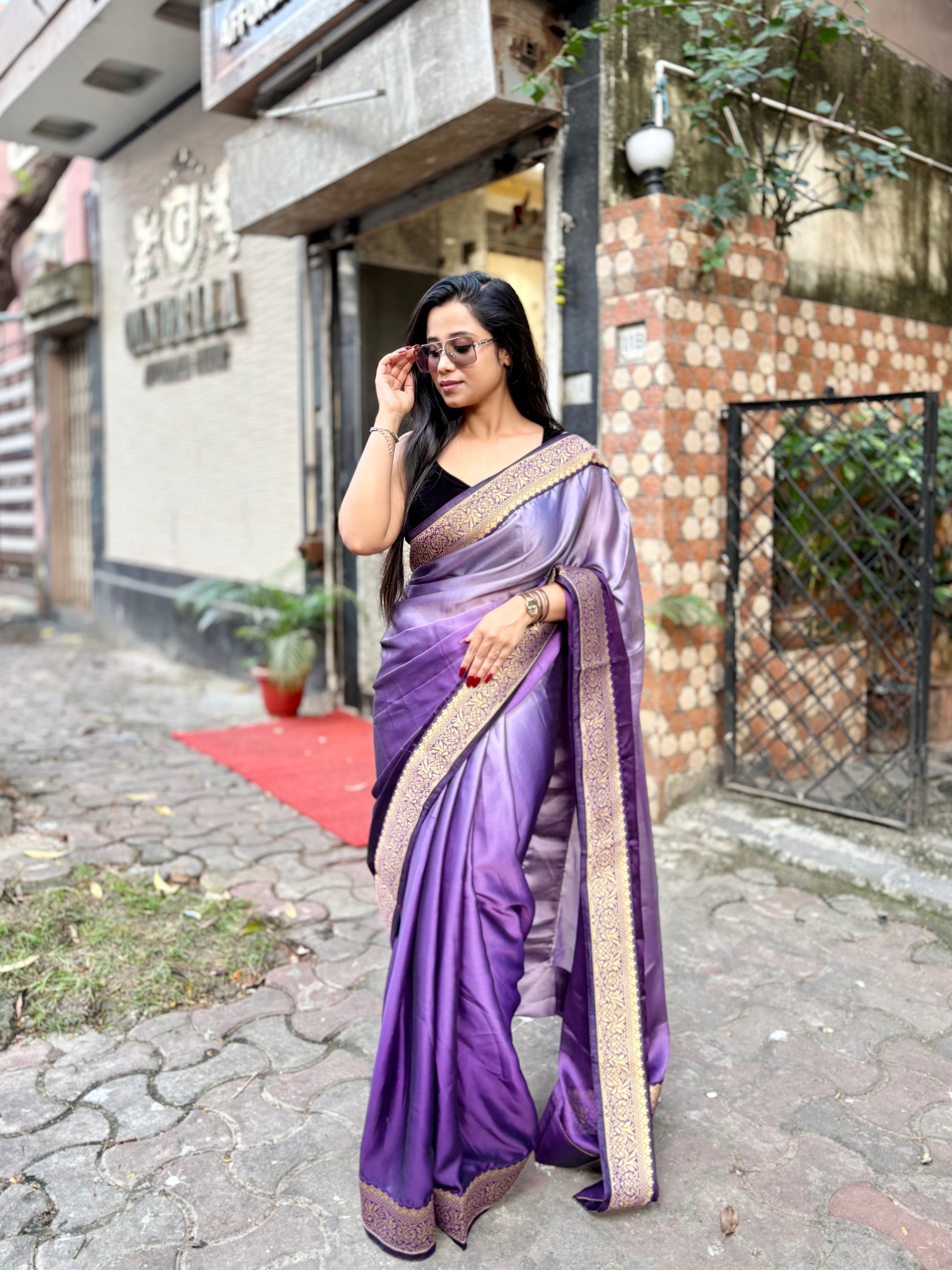 Purple Satin Georgette ombré saree