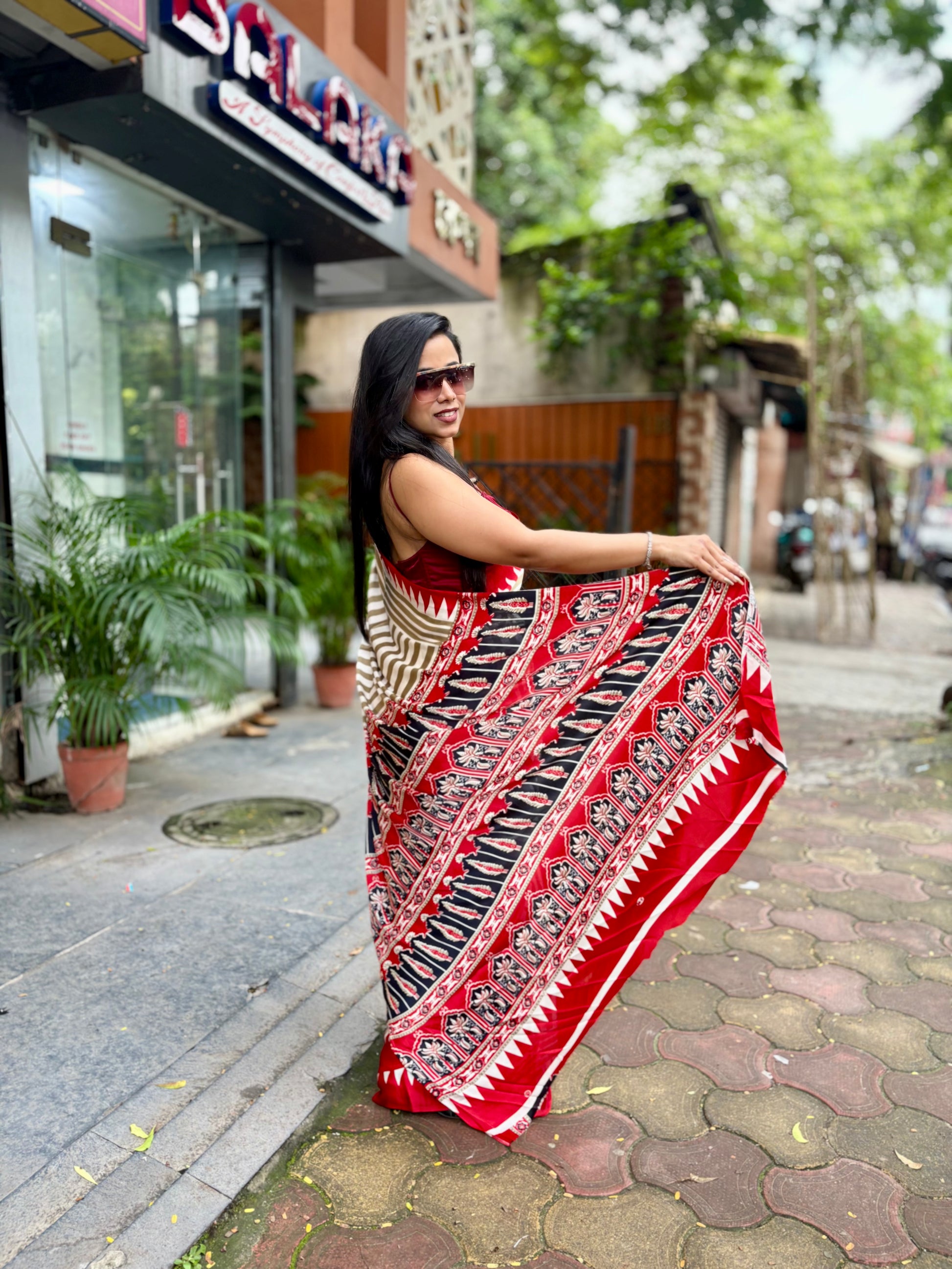 Ajrakh temple red pallu saree