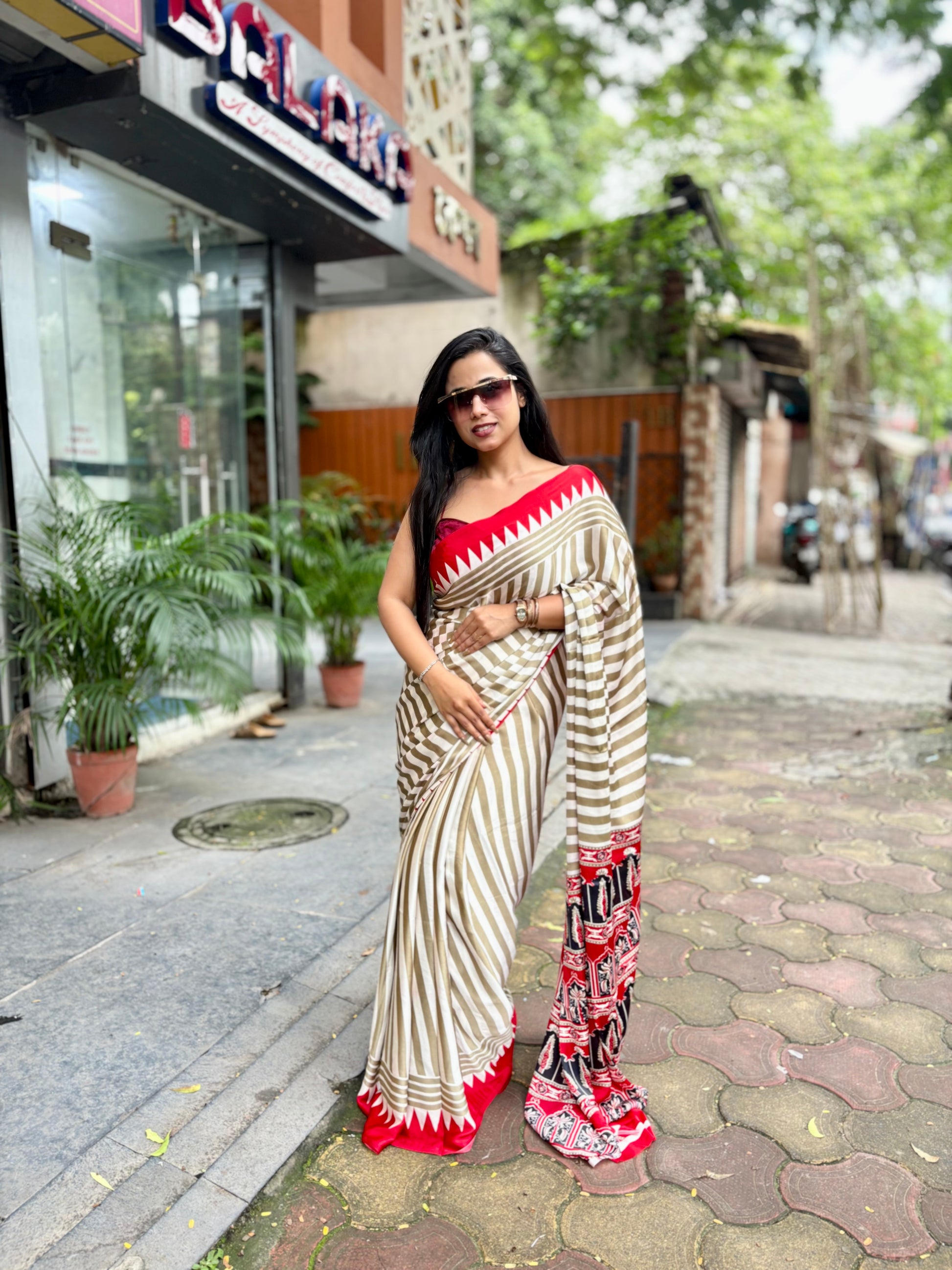 Ajrakh temple red pallu saree