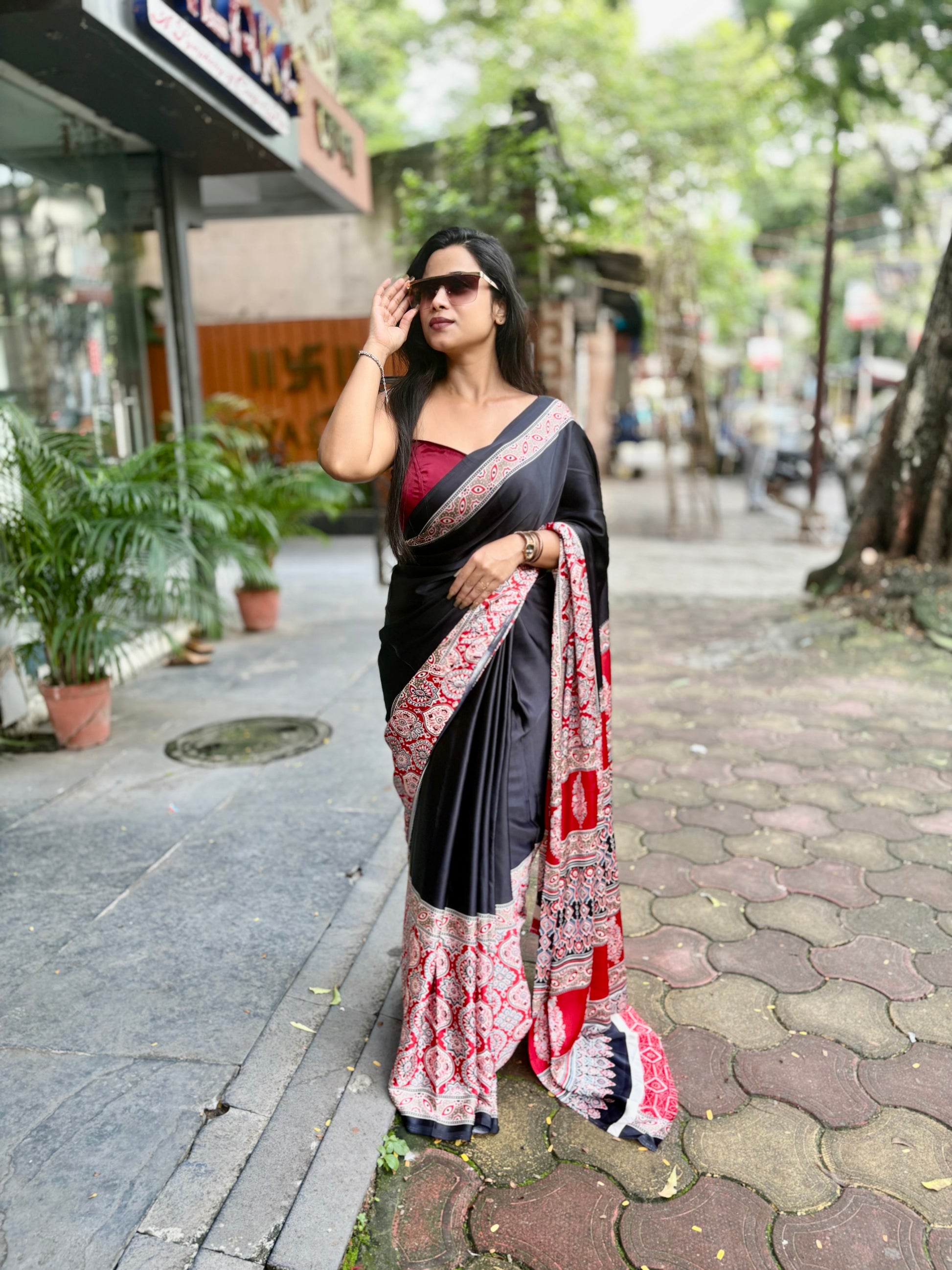 Ajrakh thick border saree