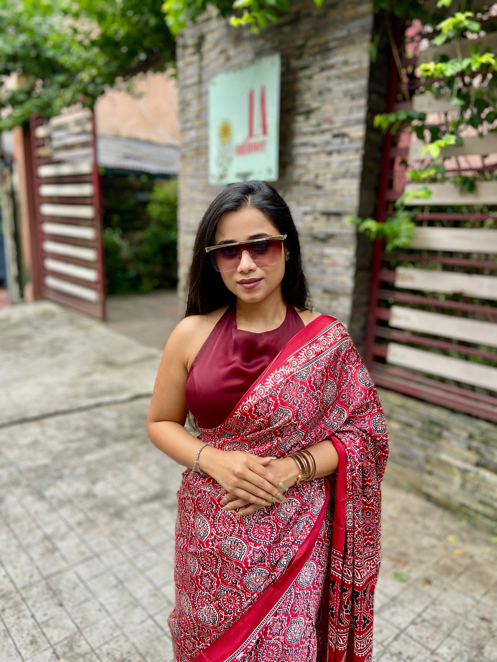 Maroon ajrakh saree