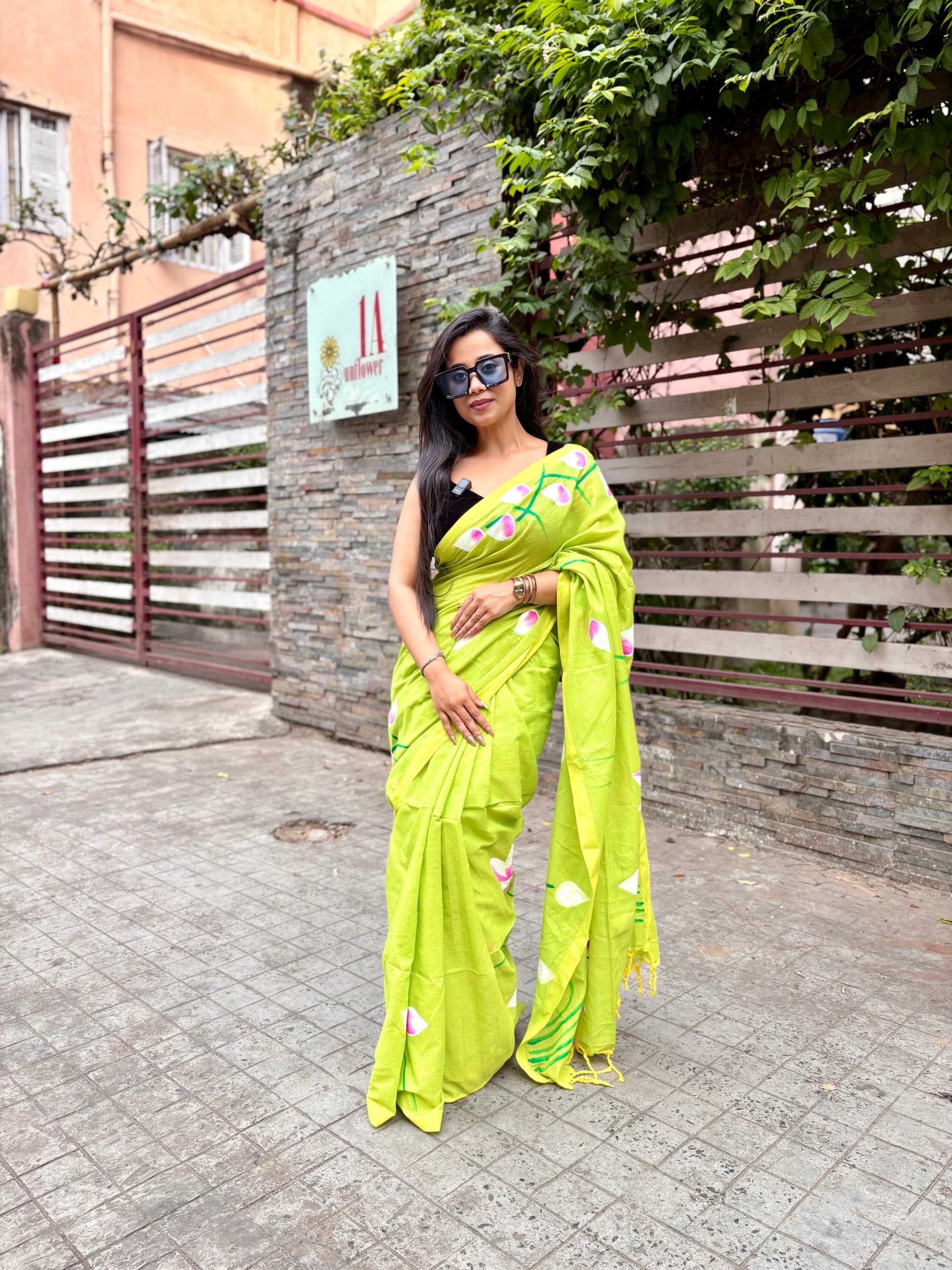 Hand painted lotus green saree