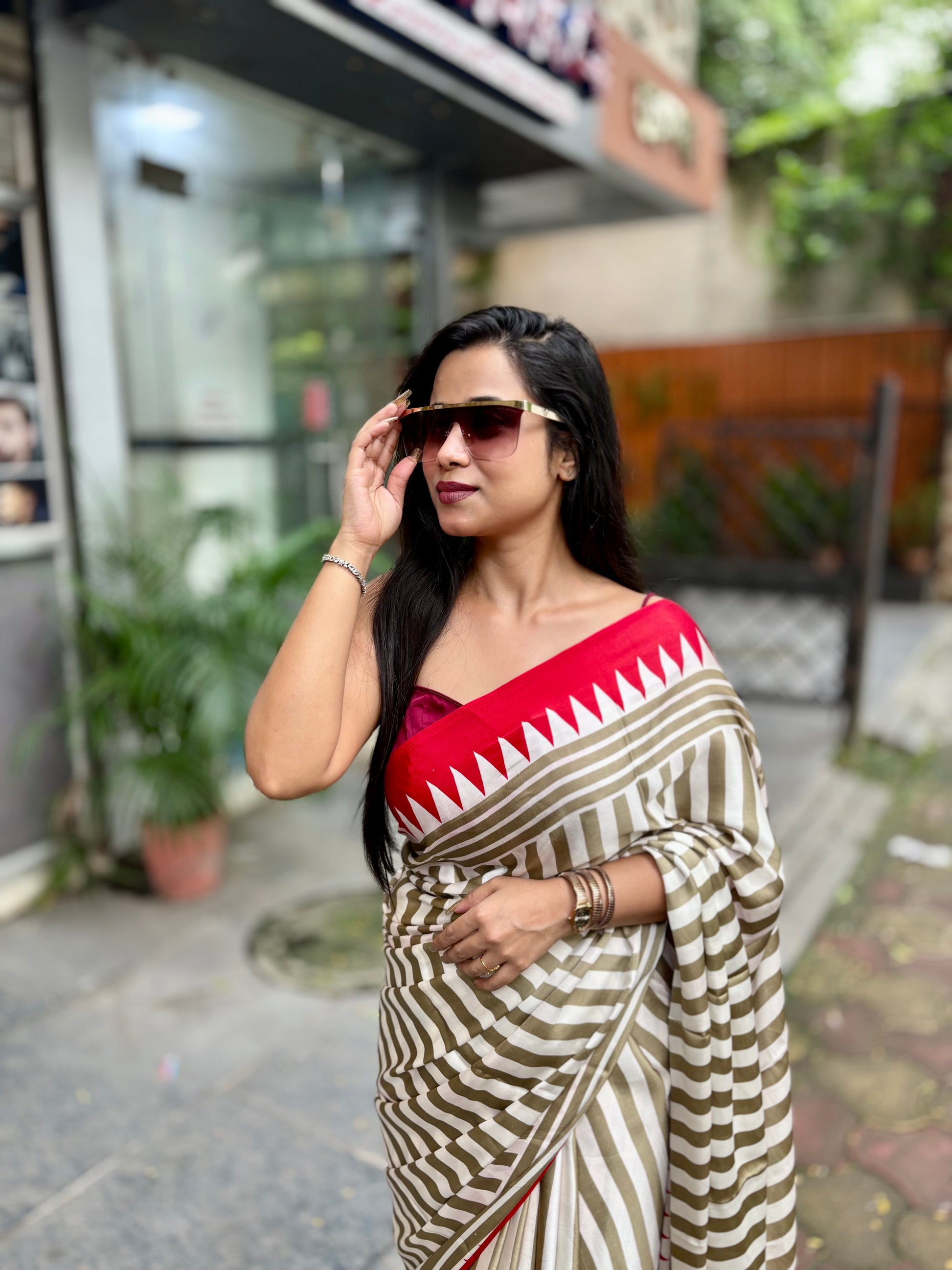 Ajrakh temple red pallu saree