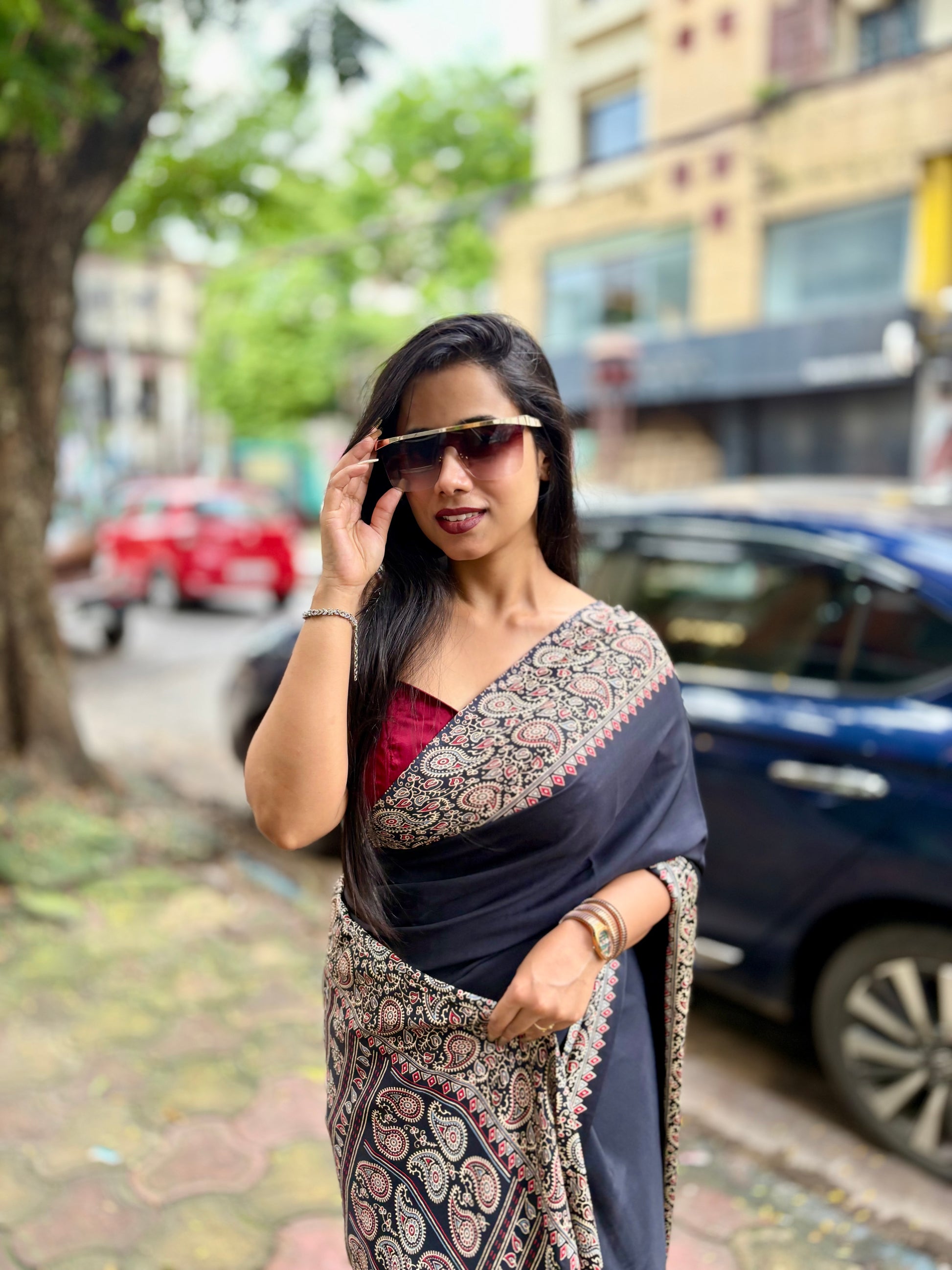Ajrakh kolka saree