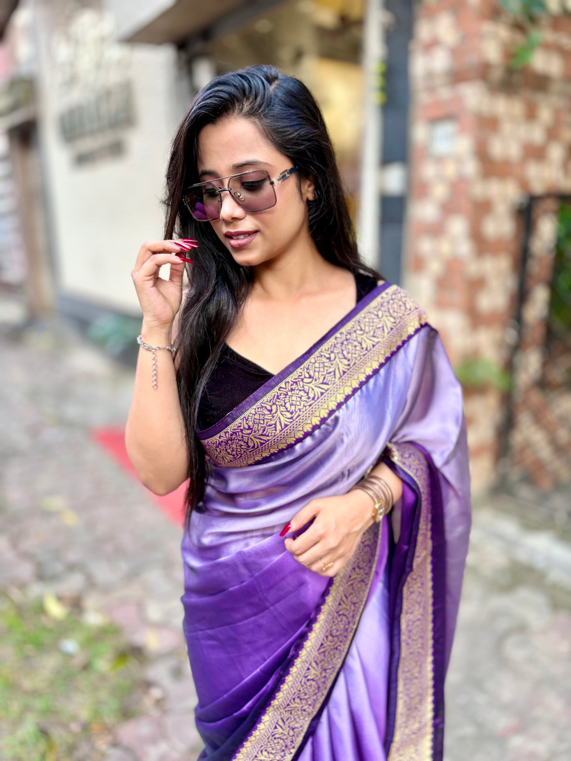 Purple Satin Georgette ombré saree