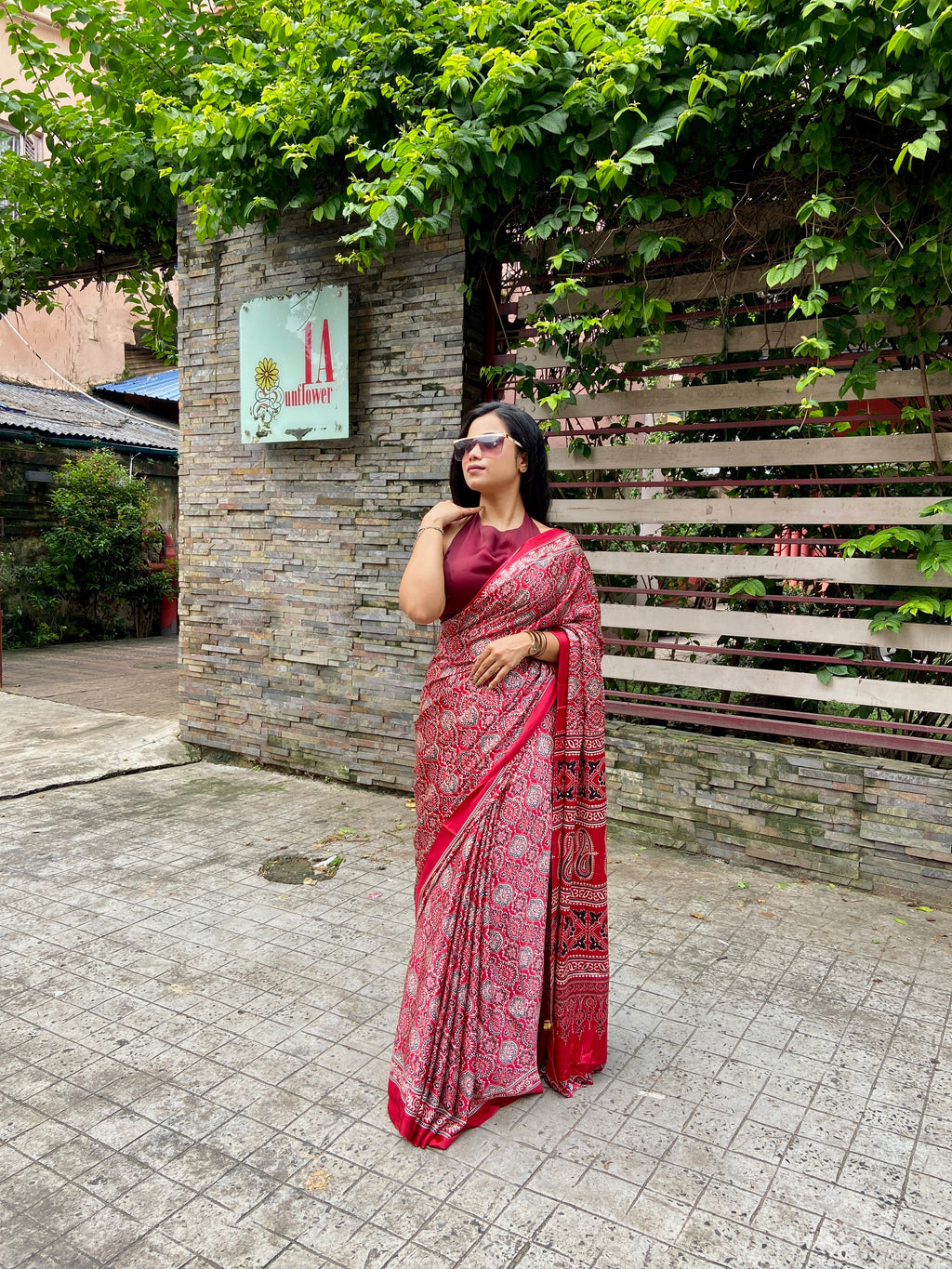 Maroon ajrakh saree