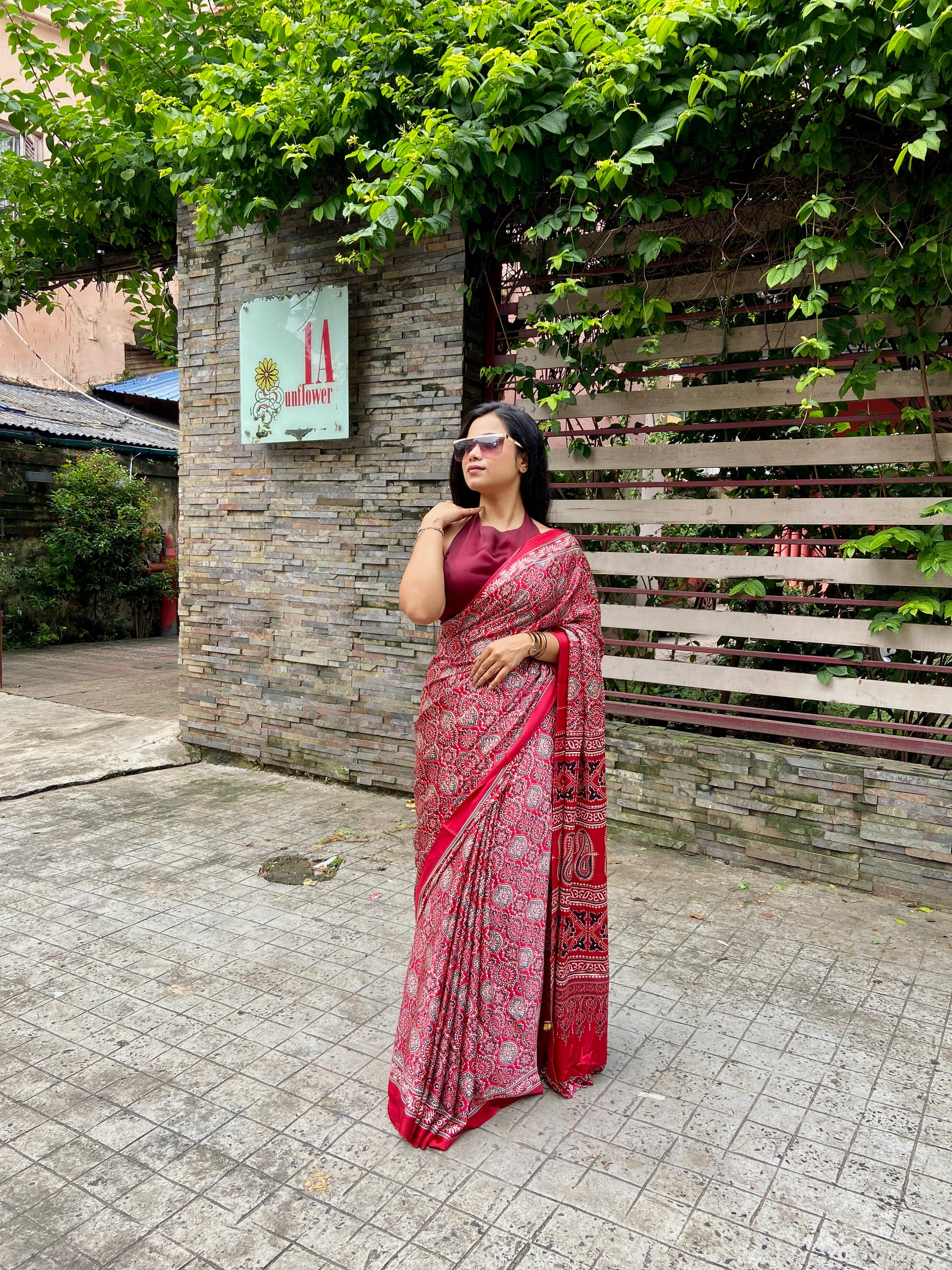 Maroon ajrakh saree