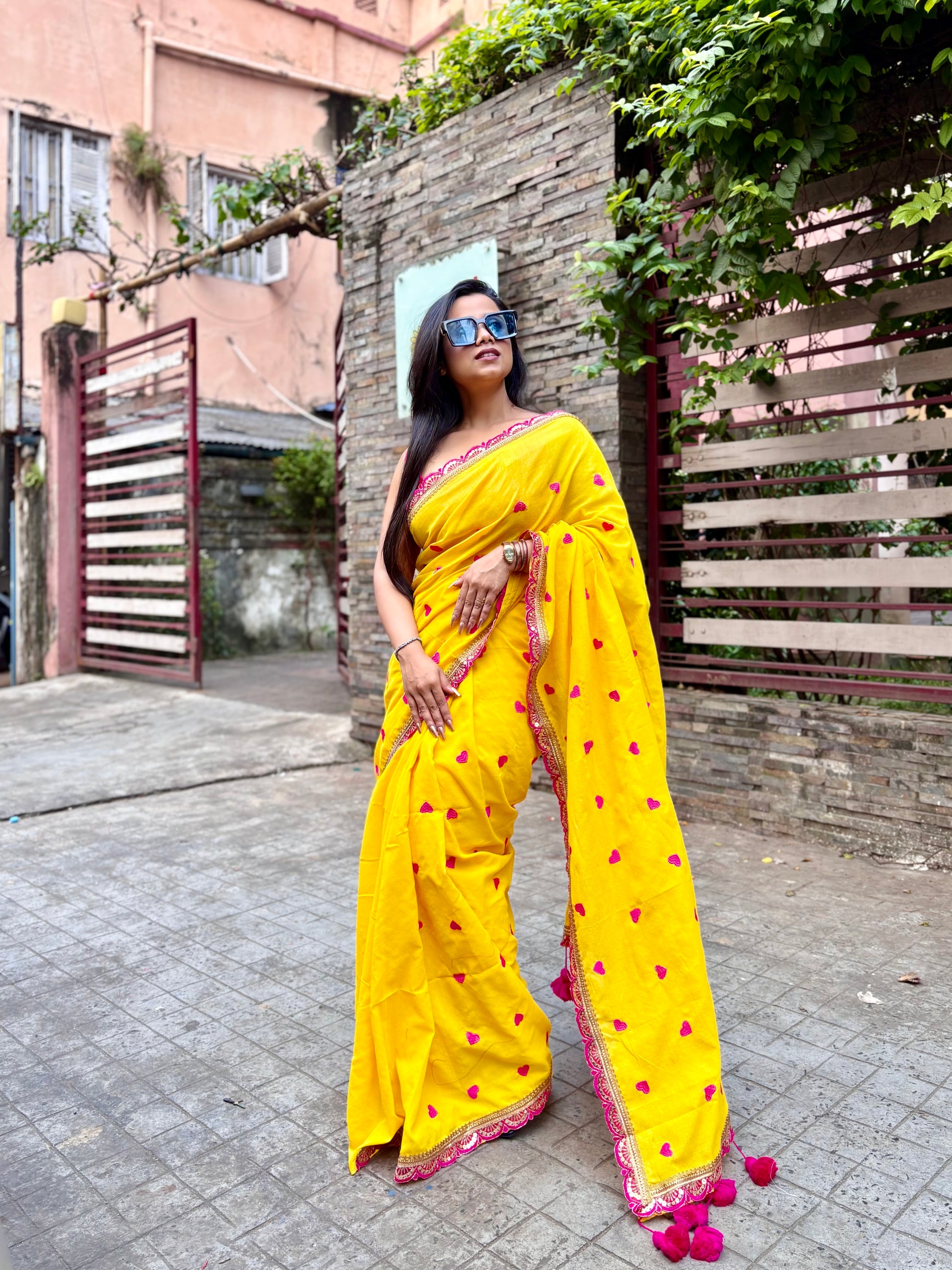 Heart Cotton Yellow Saree with Scallop Zari Border
