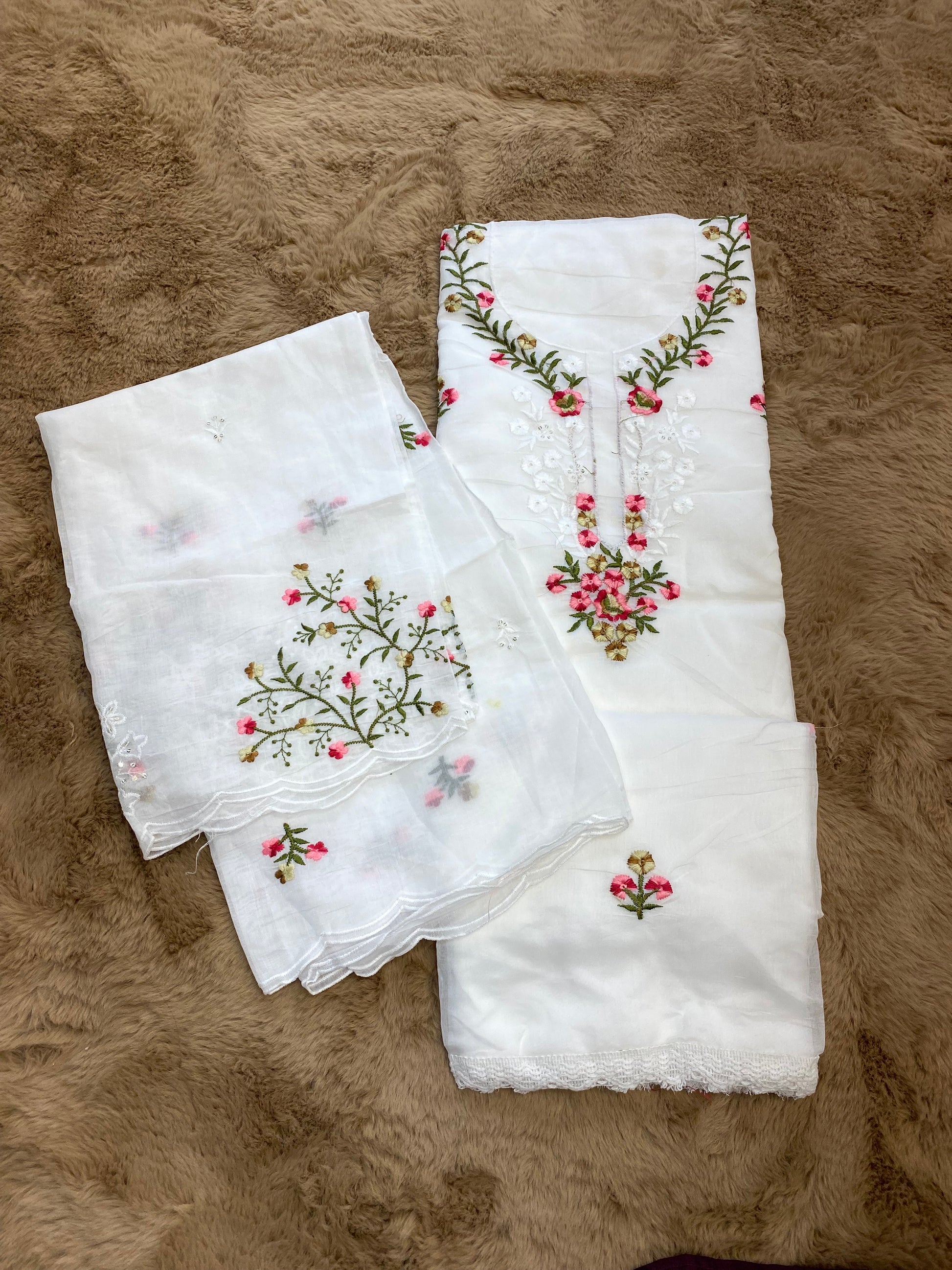 Snow white floral unstitched suit set