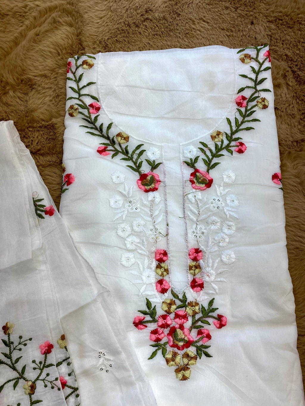 Snow white floral unstitched suit set