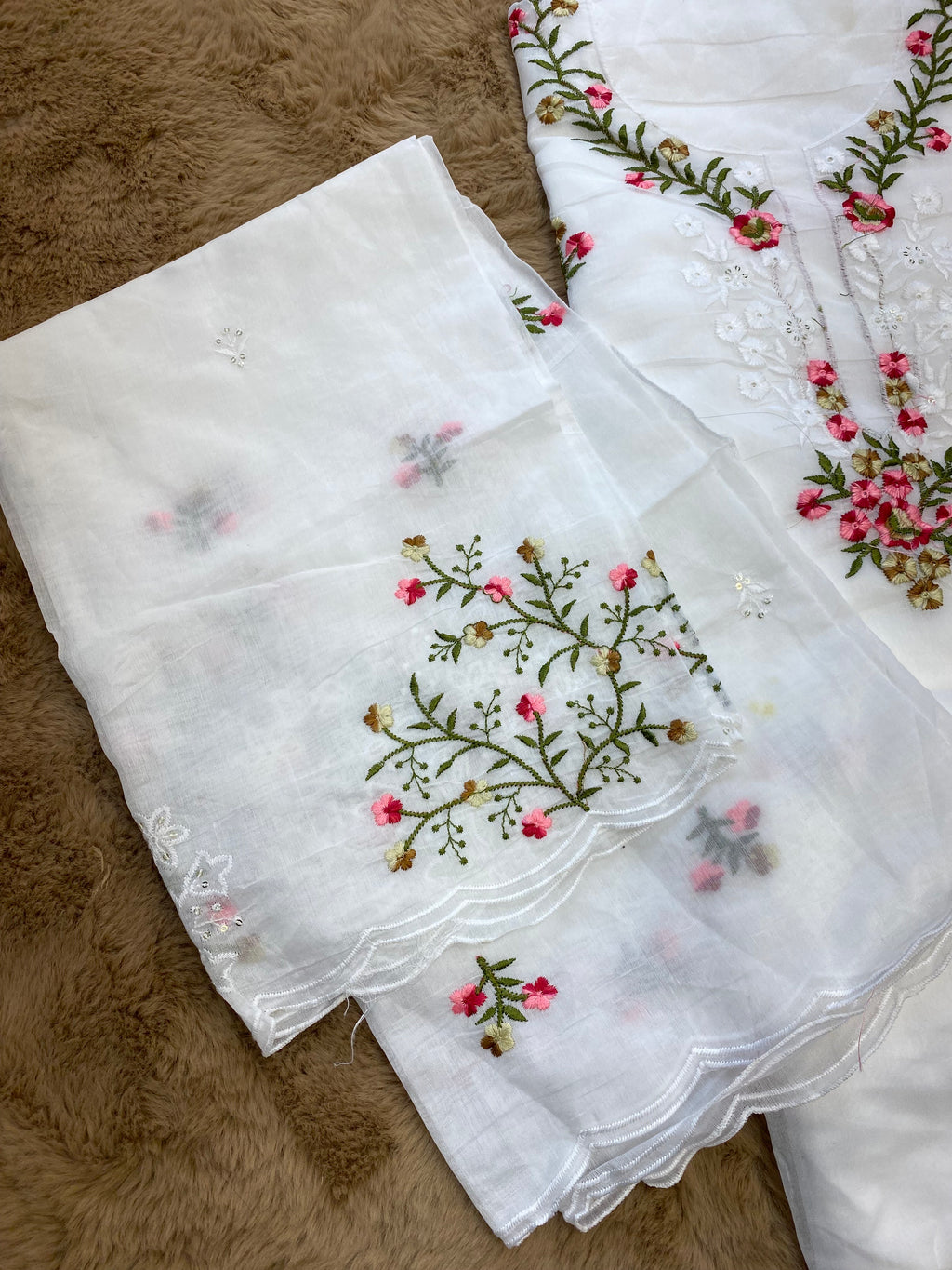 Snow white floral unstitched suit set