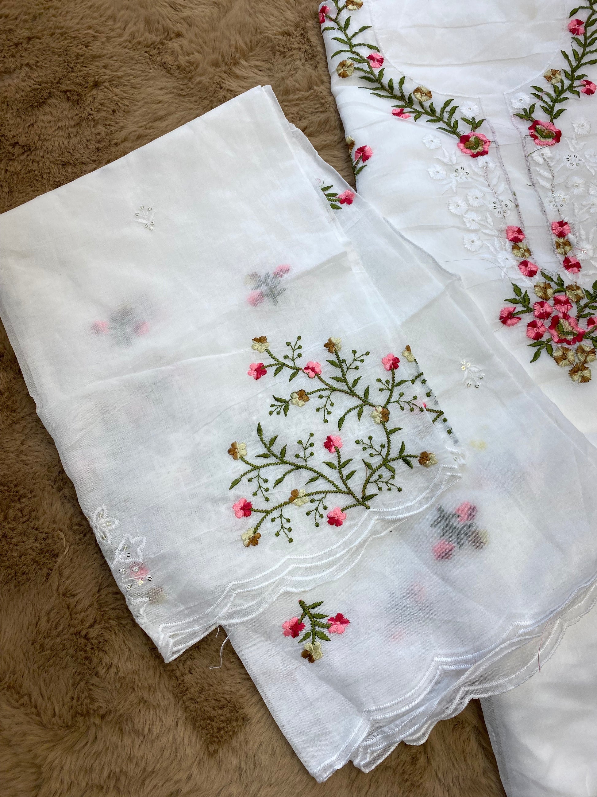 Snow white floral unstitched suit set