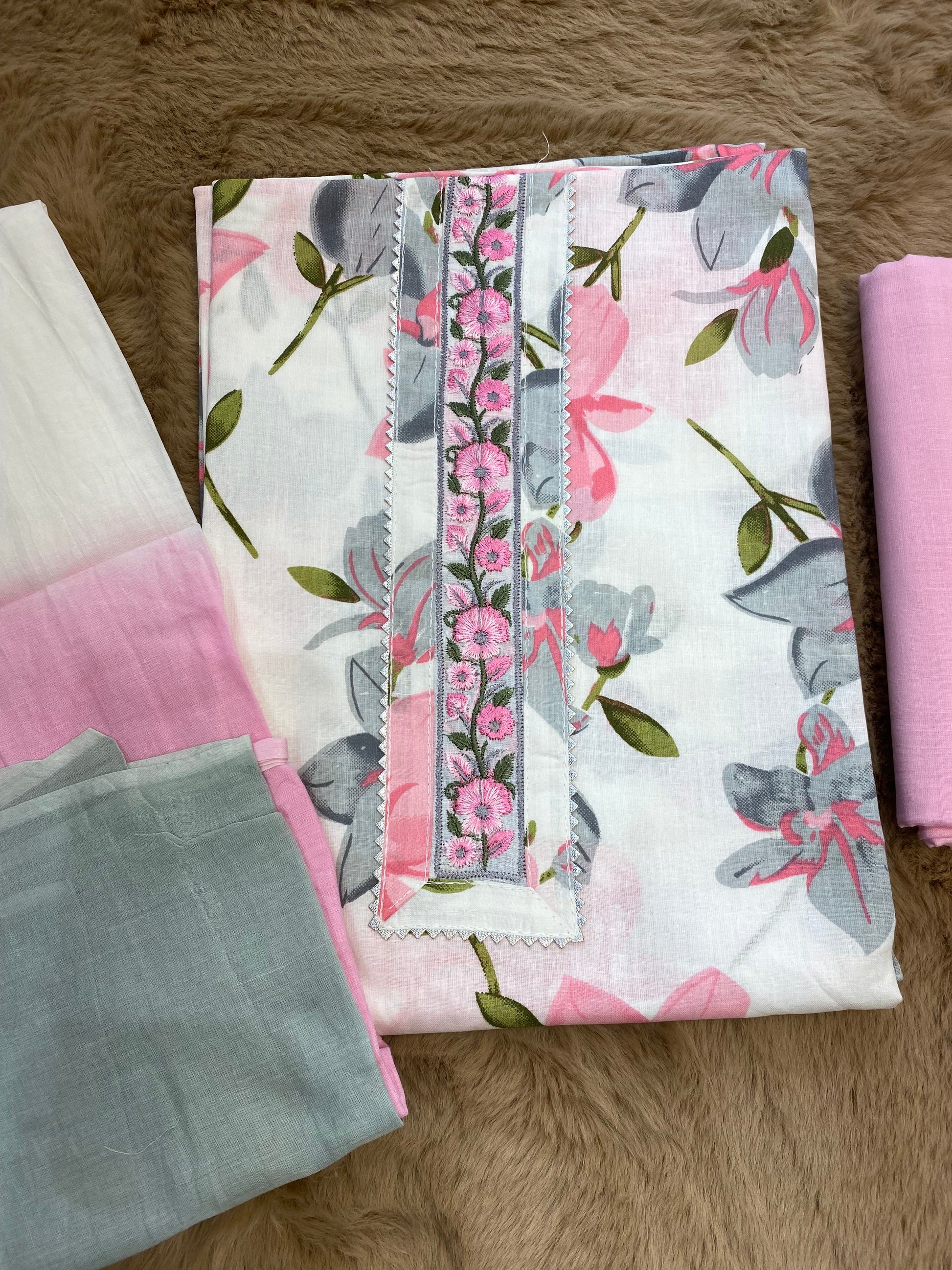 Forest pink floral unstitched suit set