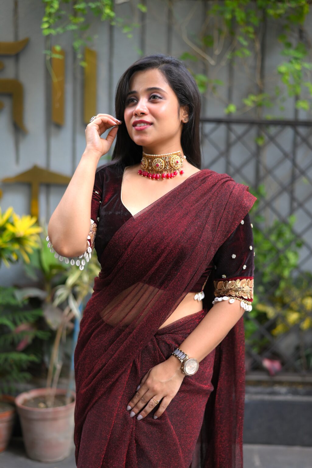Velvet Blouse With Lycra Saree Set