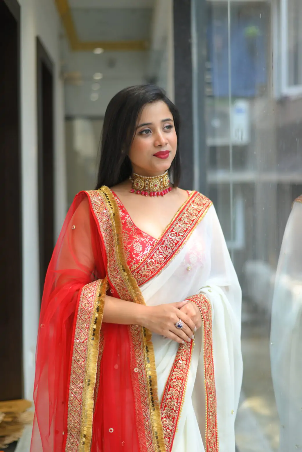 Bengali Style White Saree With Red Border & Blouse Piece