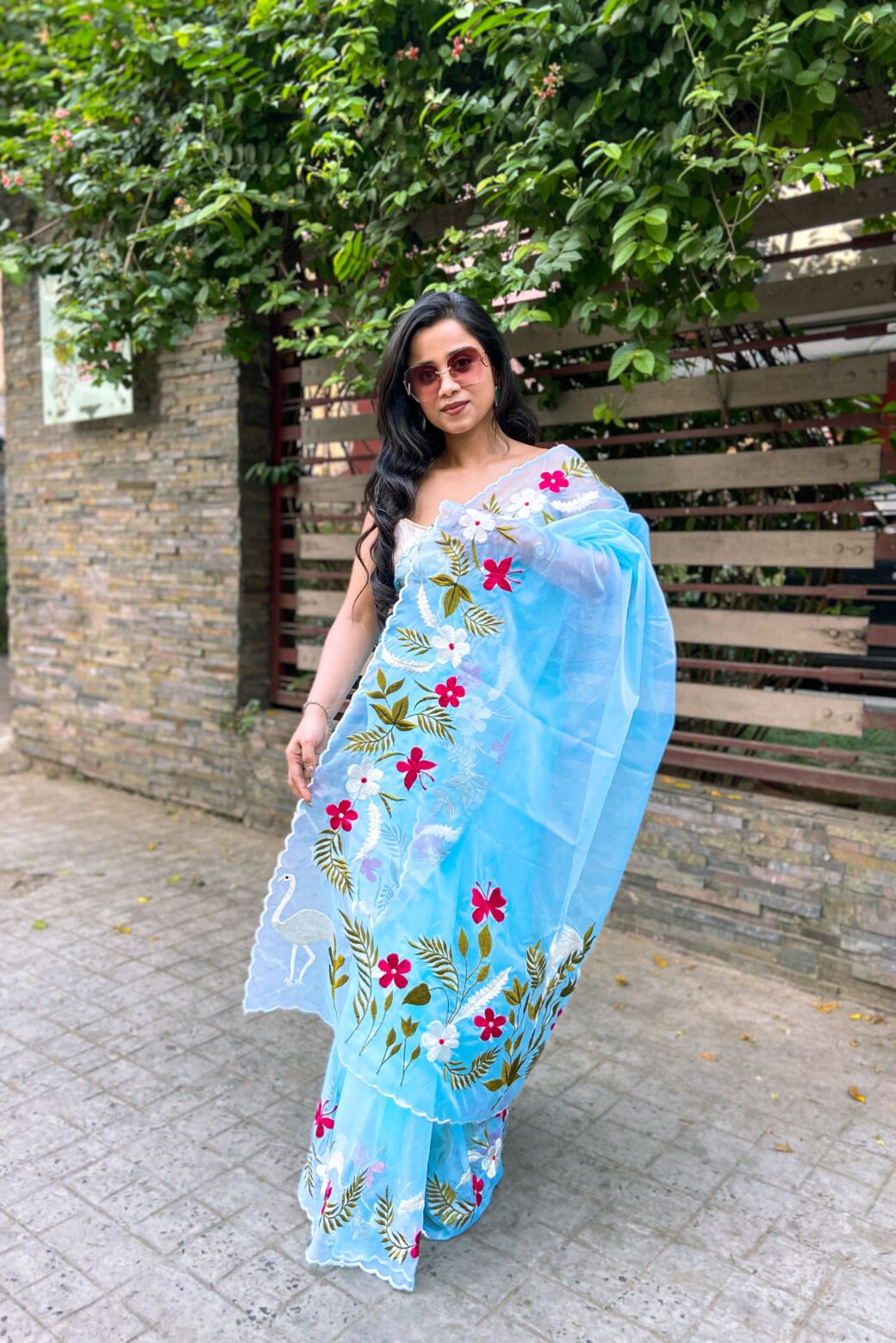 Flower & Swan Embroidered Delicate Organza Saree - Image 3