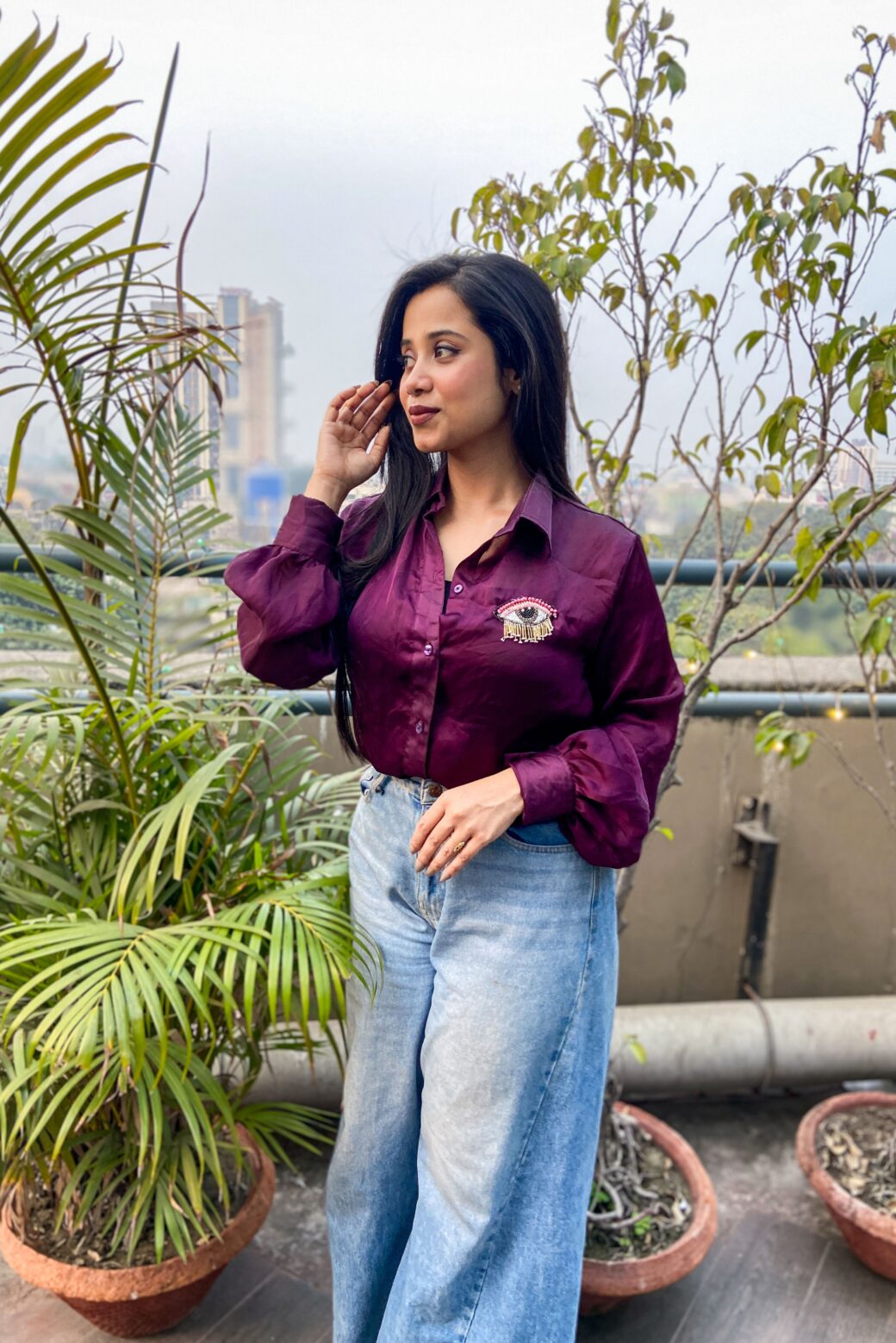 Stylish Satin Georgette Shirt with Hand Embroidered Charm - Image 3