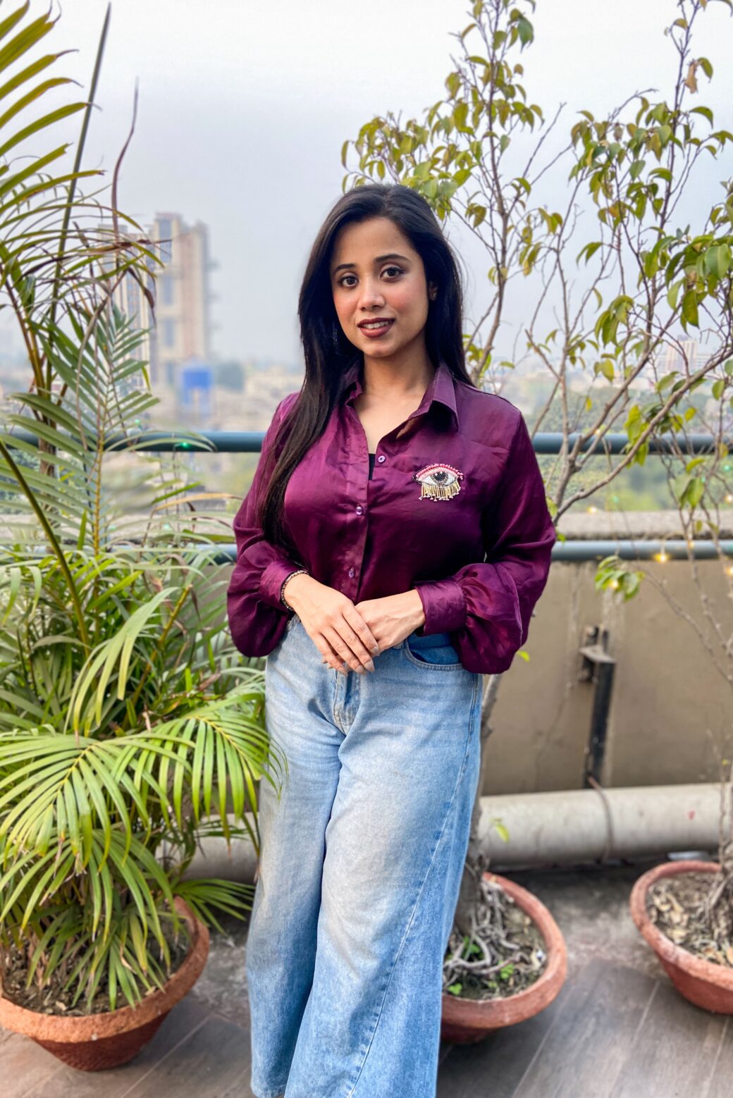Stylish Satin Georgette Shirt with Hand Embroidered Charm - Image 5