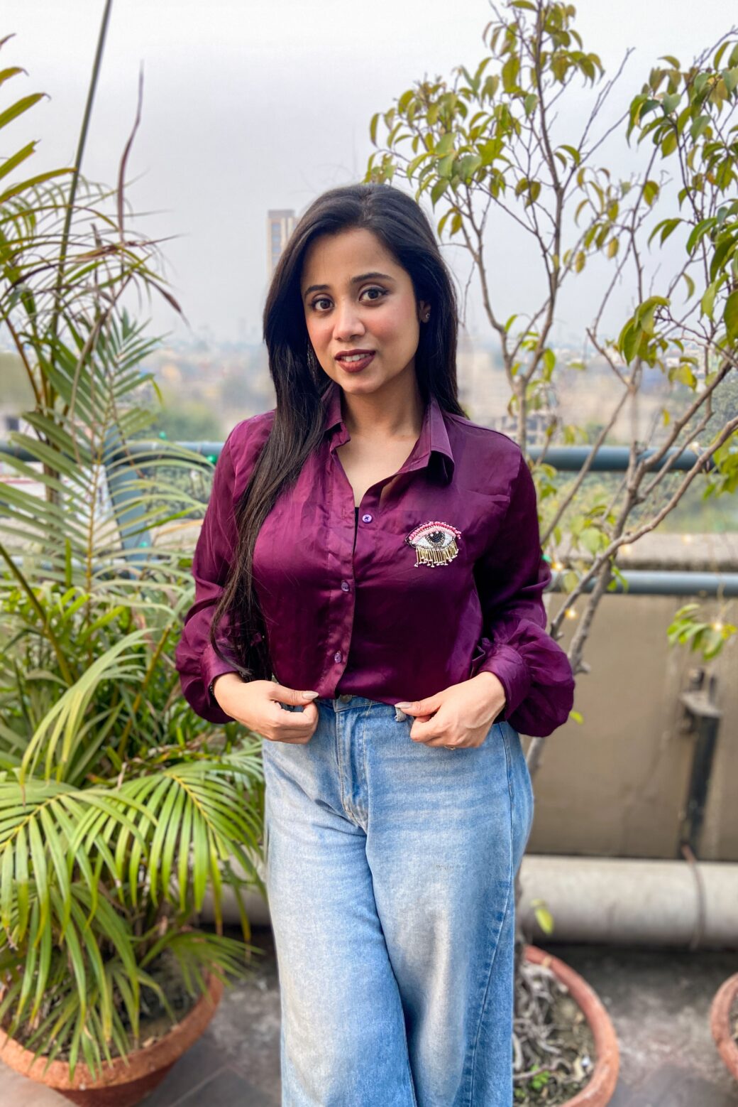 Stylish Satin Georgette Shirt with Hand Embroidered Charm - Image 4